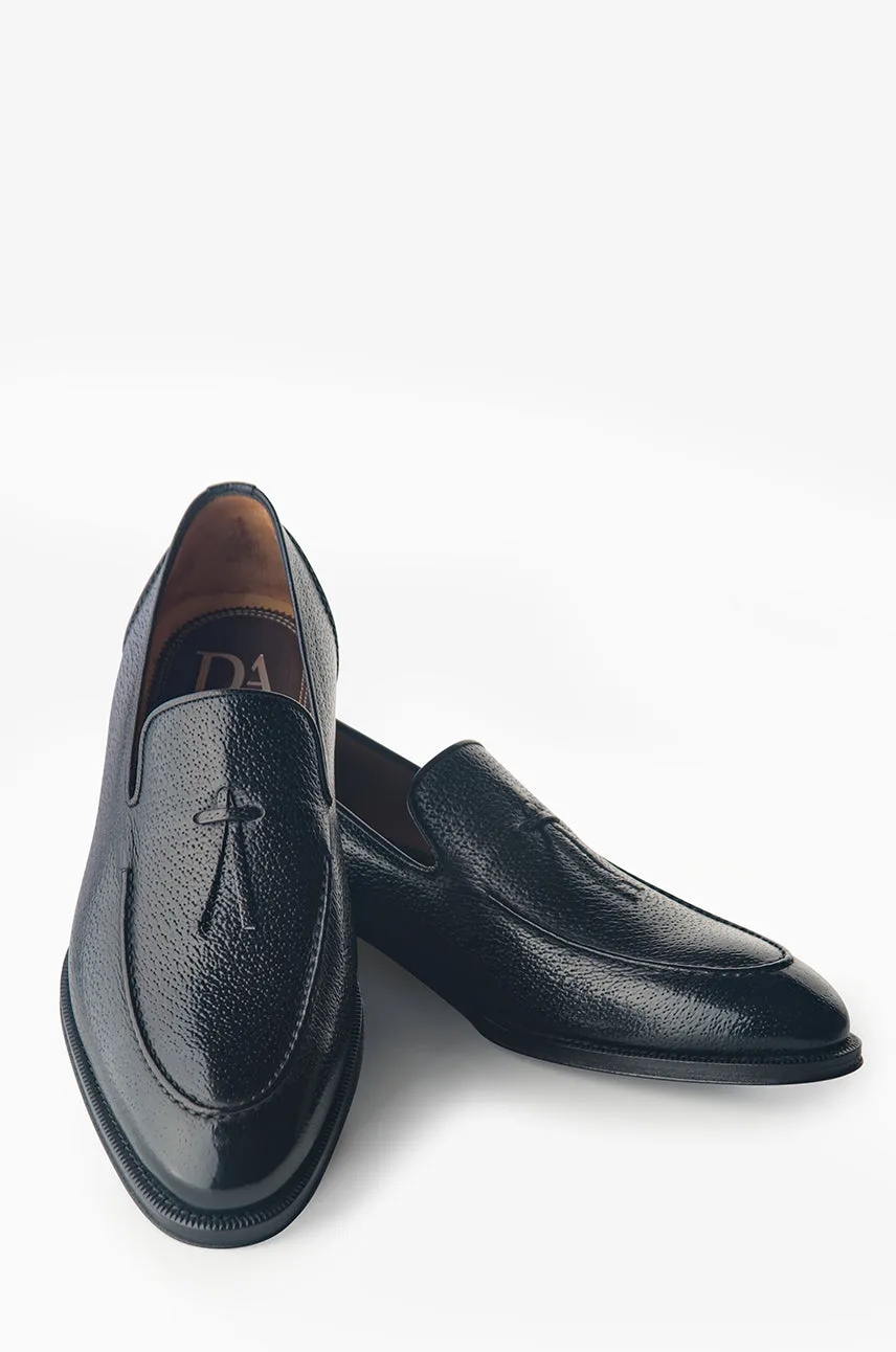 Odor Control Insole Dual Density Foam Layers David August Pebble Grain Leather Belgian Loafer in Black Peccary Nero