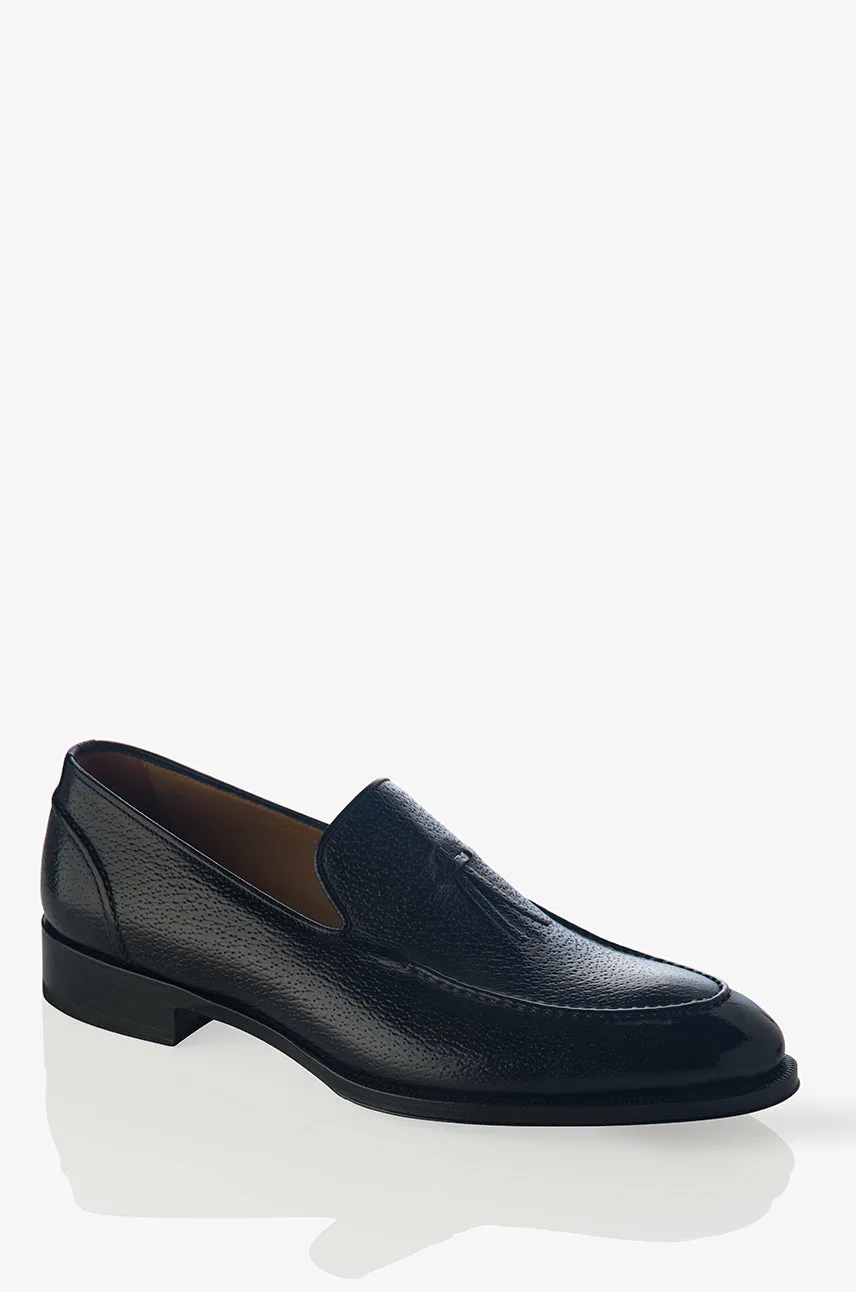 David August Pebble Grain Leather Belgian Loafer in Black Peccary Nero Comfortable Arch Care