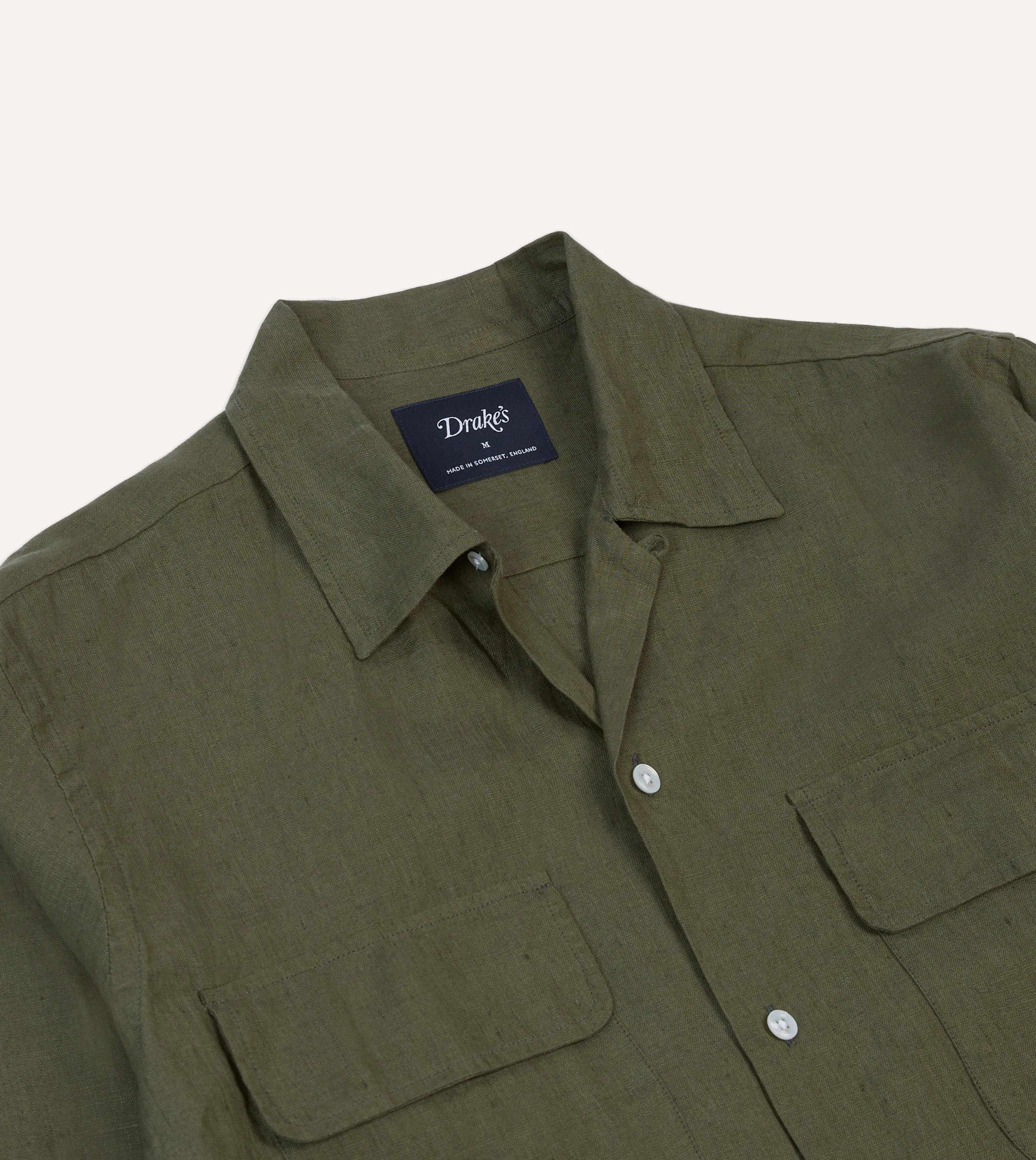 Khaki Linen Camp Collar Long Sleeve Shirt Work Appropriate Sleeveless Cut