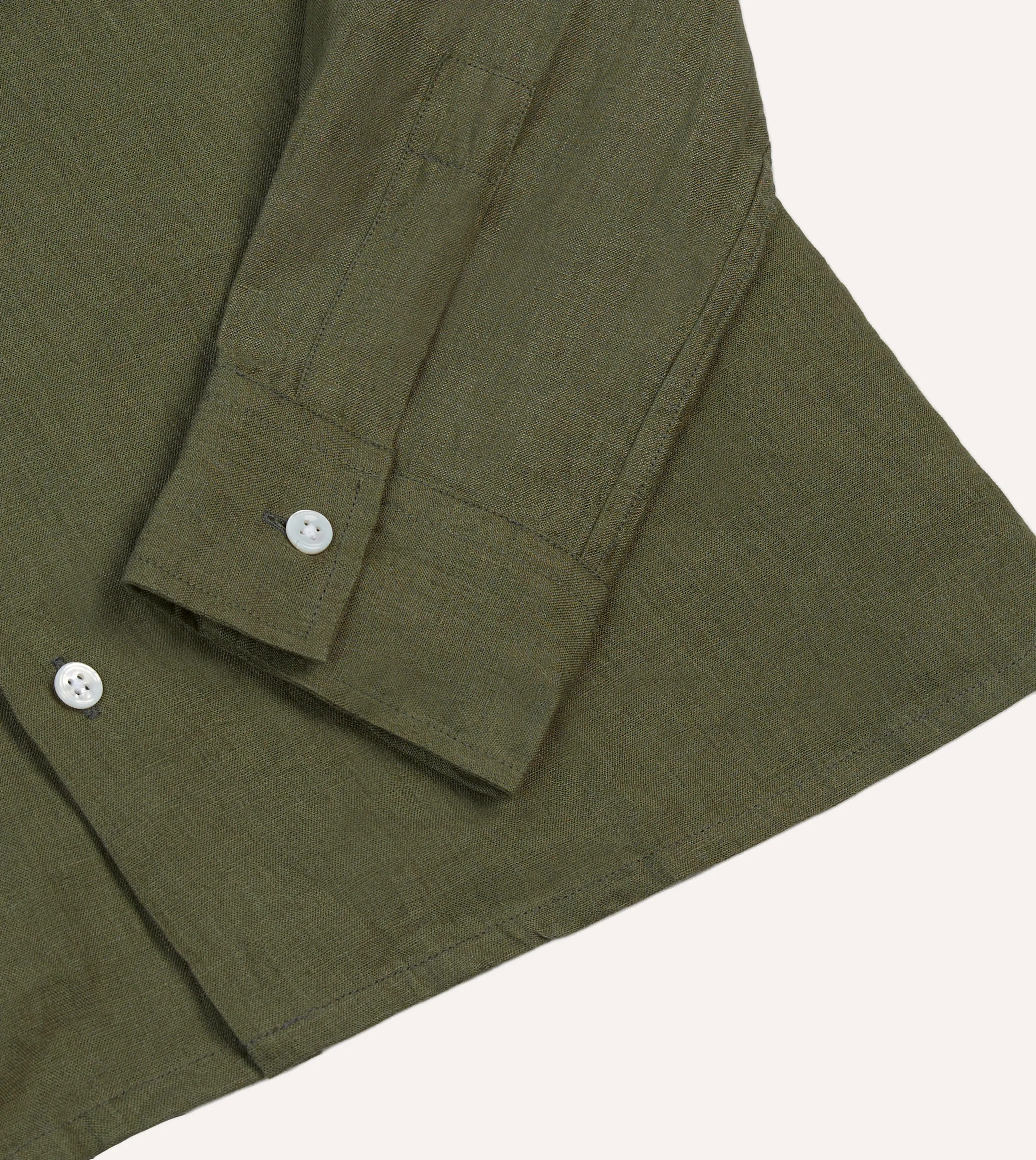 Double Stitched Hems Khaki Linen Camp Collar Long Sleeve Shirt