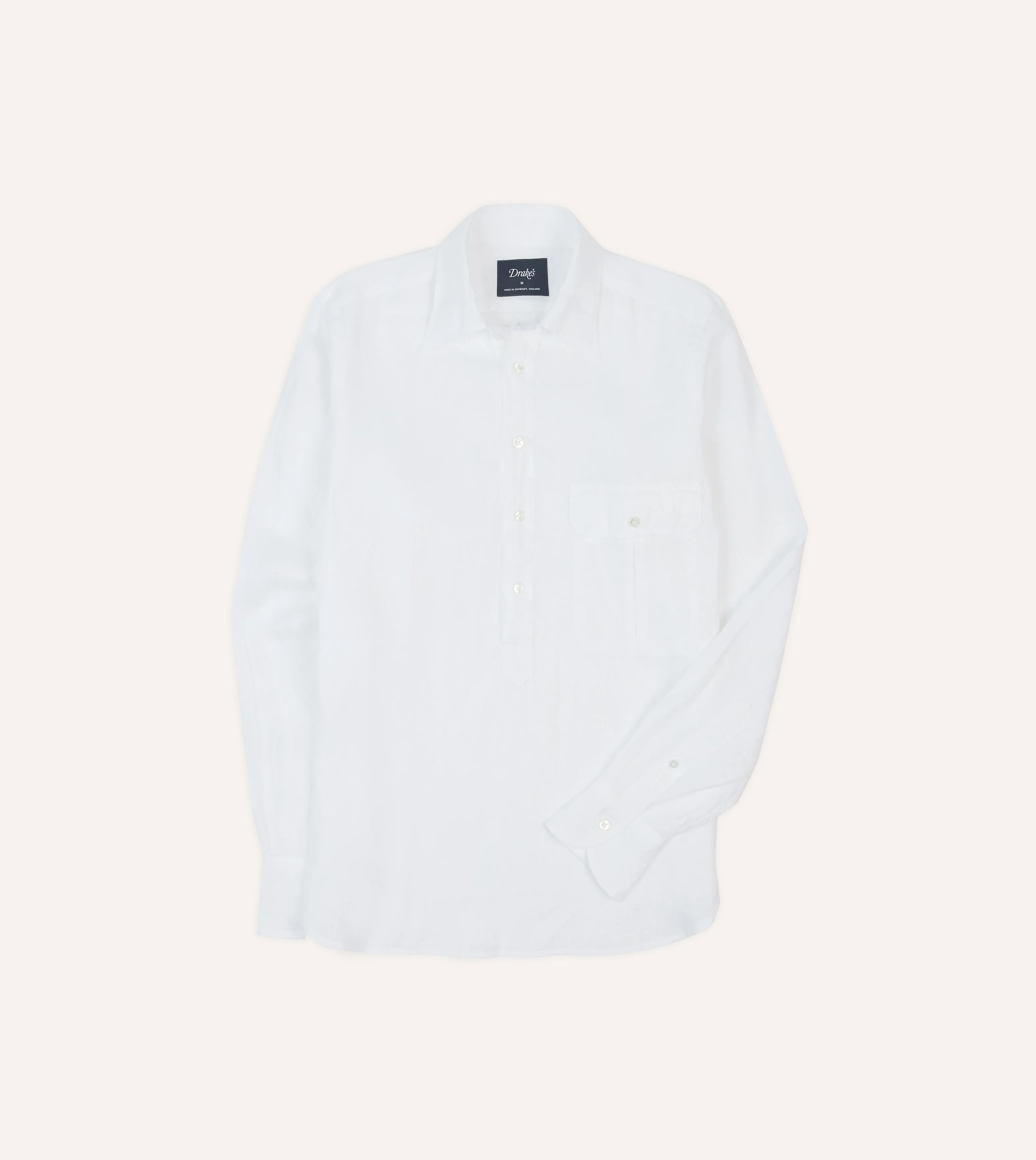 White Linen Long Point Collar Popover Shirt Reinforced Collar
