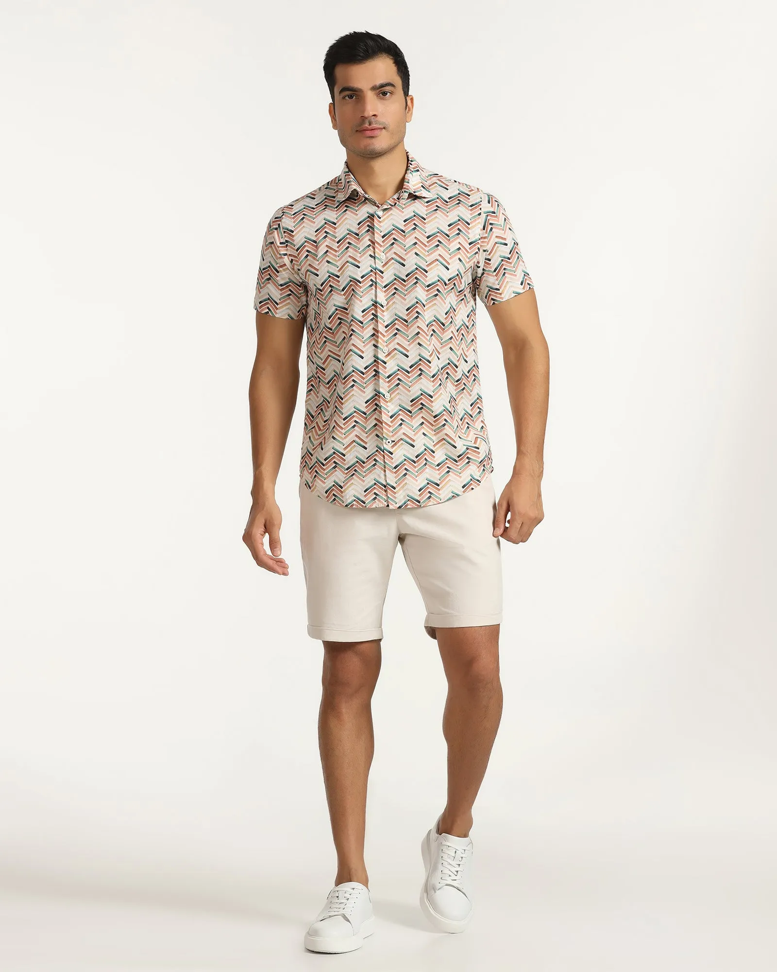 Casual Half Sleeve Beige Printed Shirt - Alba Reinforced Side Vents Non-irritating
