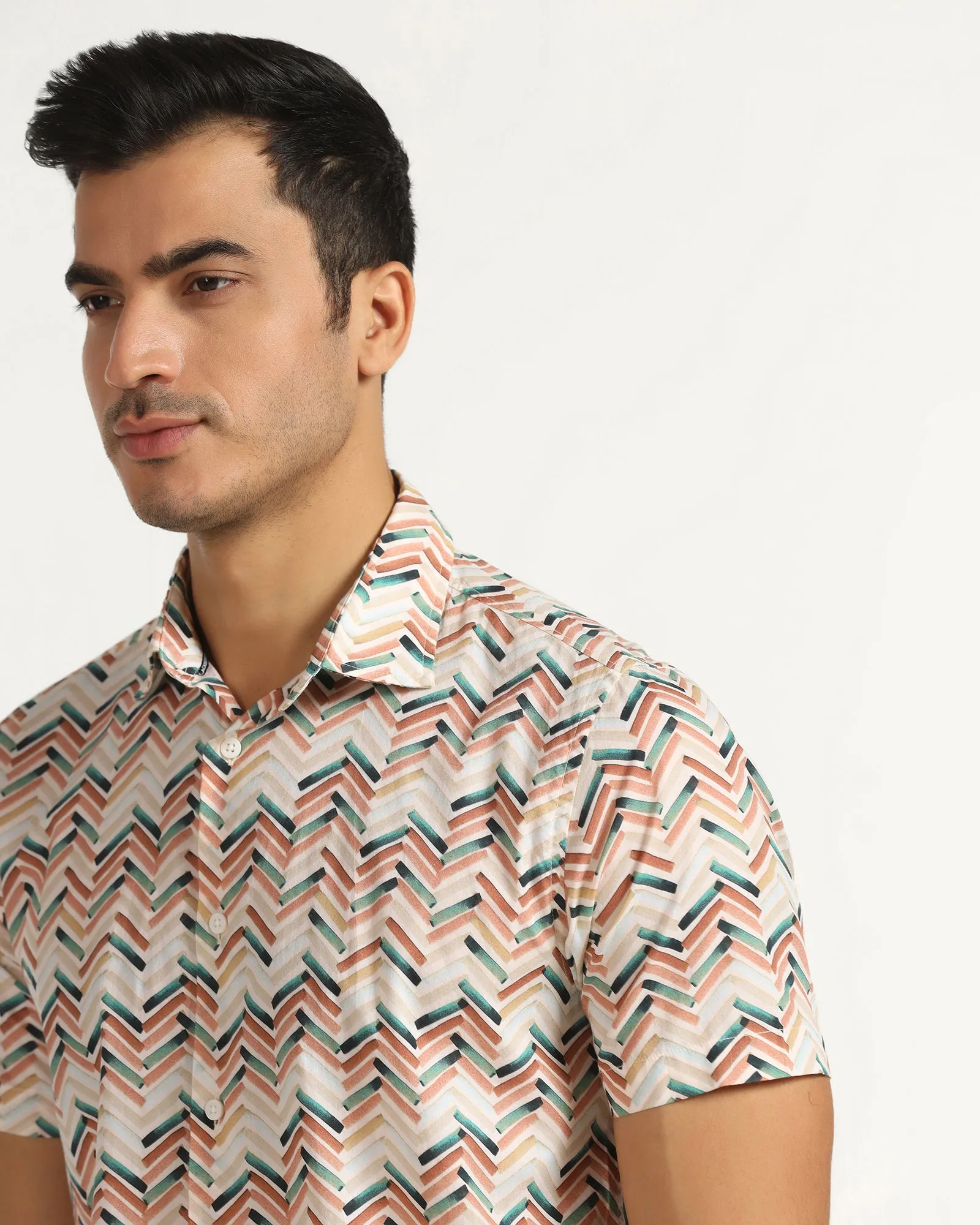 Casual Half Sleeve Beige Printed Shirt - Alba Tailored Silhouette