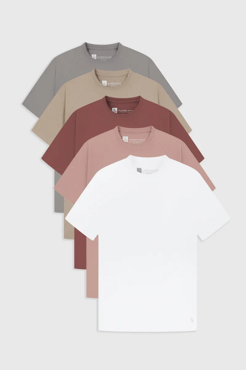 MinimalBranding Soft and Lightweight 5 Pack Essential Training Top in Mid Grey/ Sand/ Rose/ Wood Rose/ White