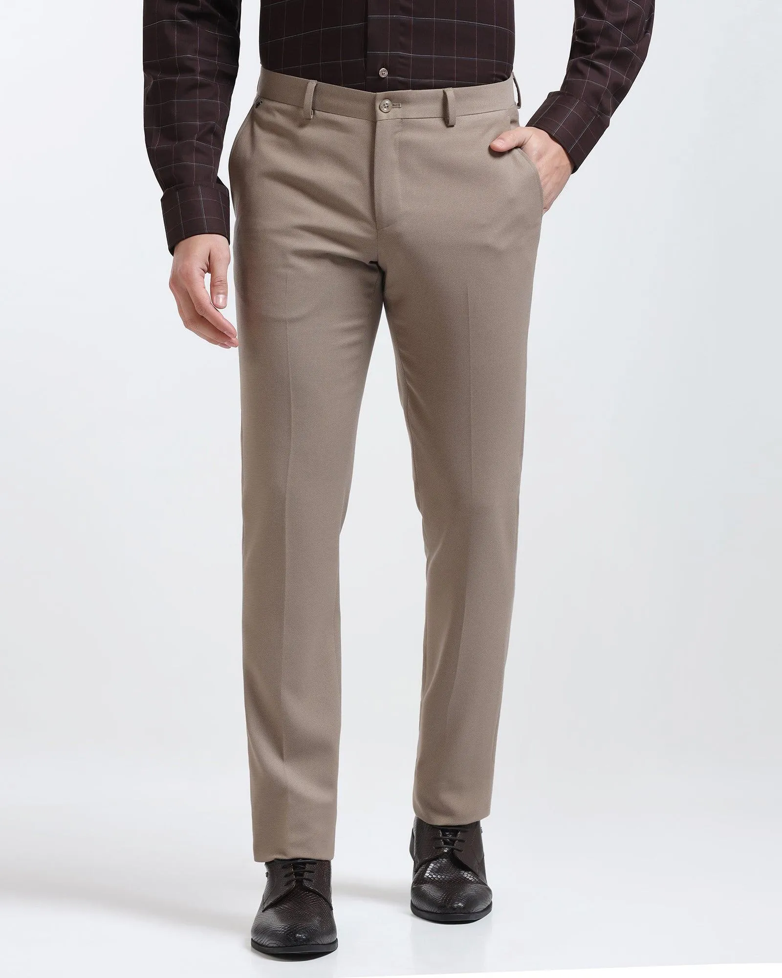 High Stretch Fit Slim Comfort B-95 Formal Beige Textured Trouser - Iron
