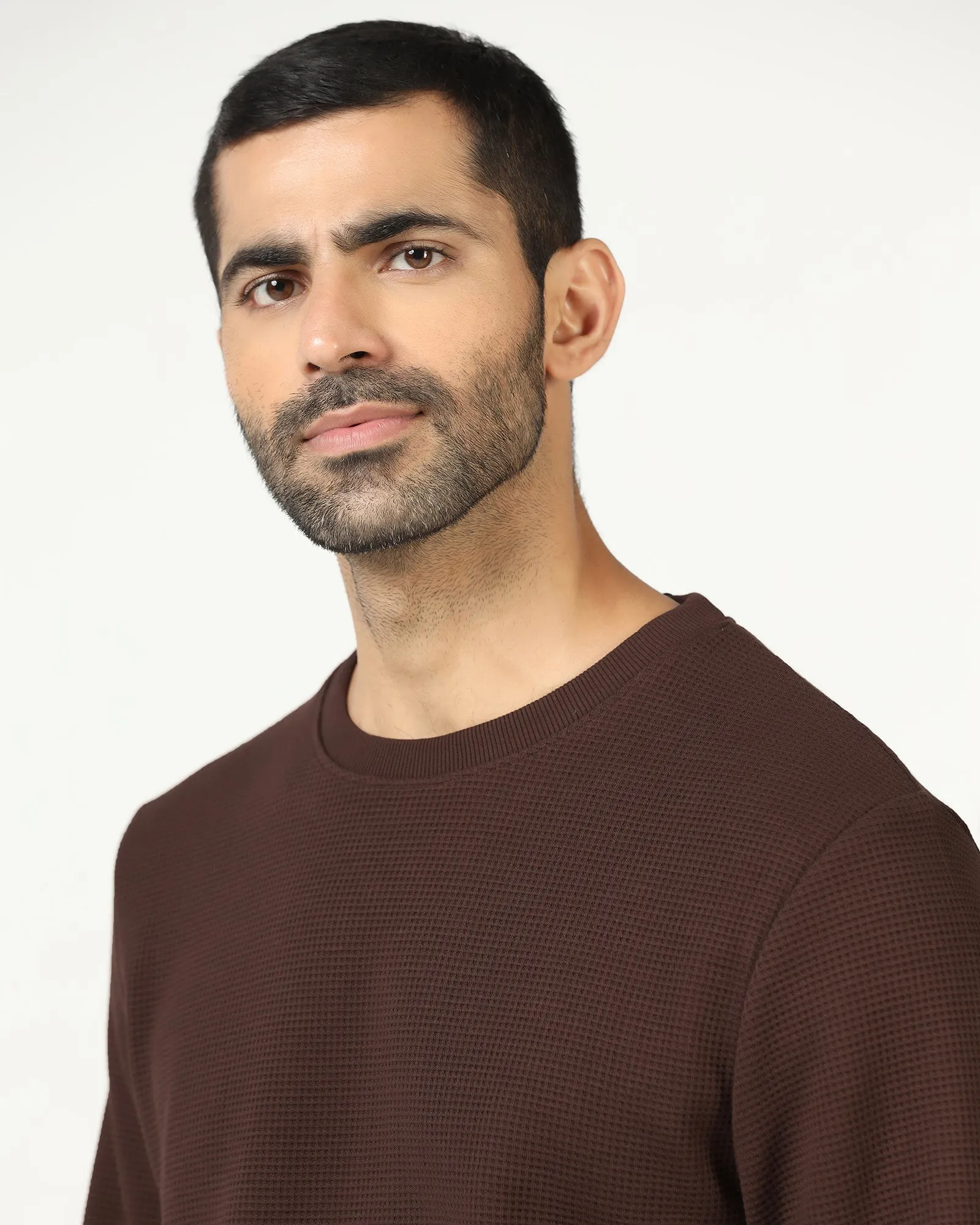 Italian Flair Dark Brown Crew Neck Textured Sweatshirt - Pan