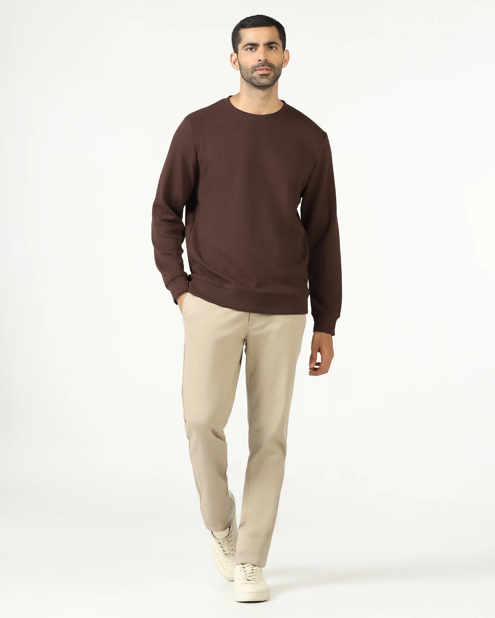 Dark Brown Crew Neck Textured Sweatshirt - Pan Sophisticated Style