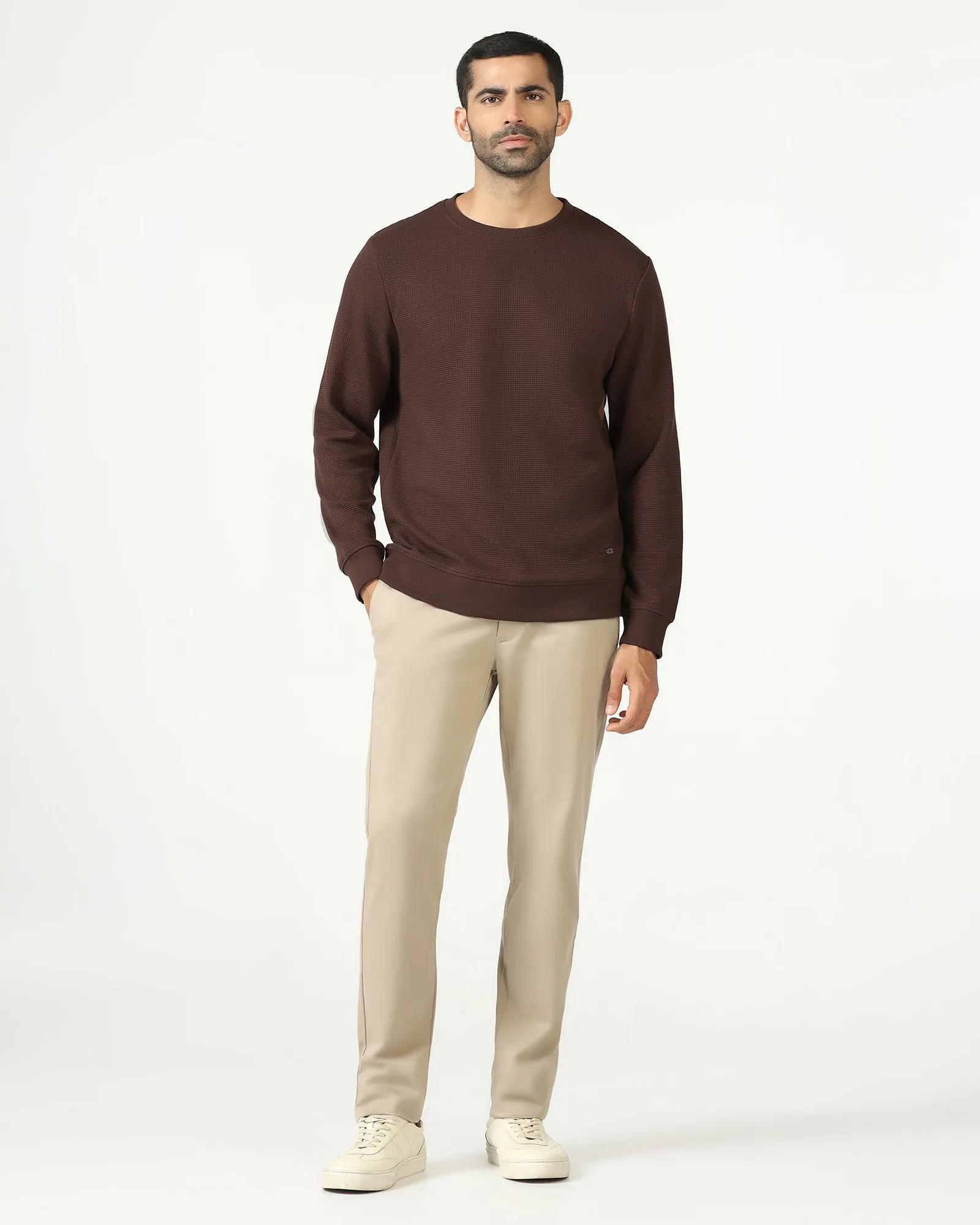 AntiPilling Fabric Dark Brown Crew Neck Textured Sweatshirt - Pan