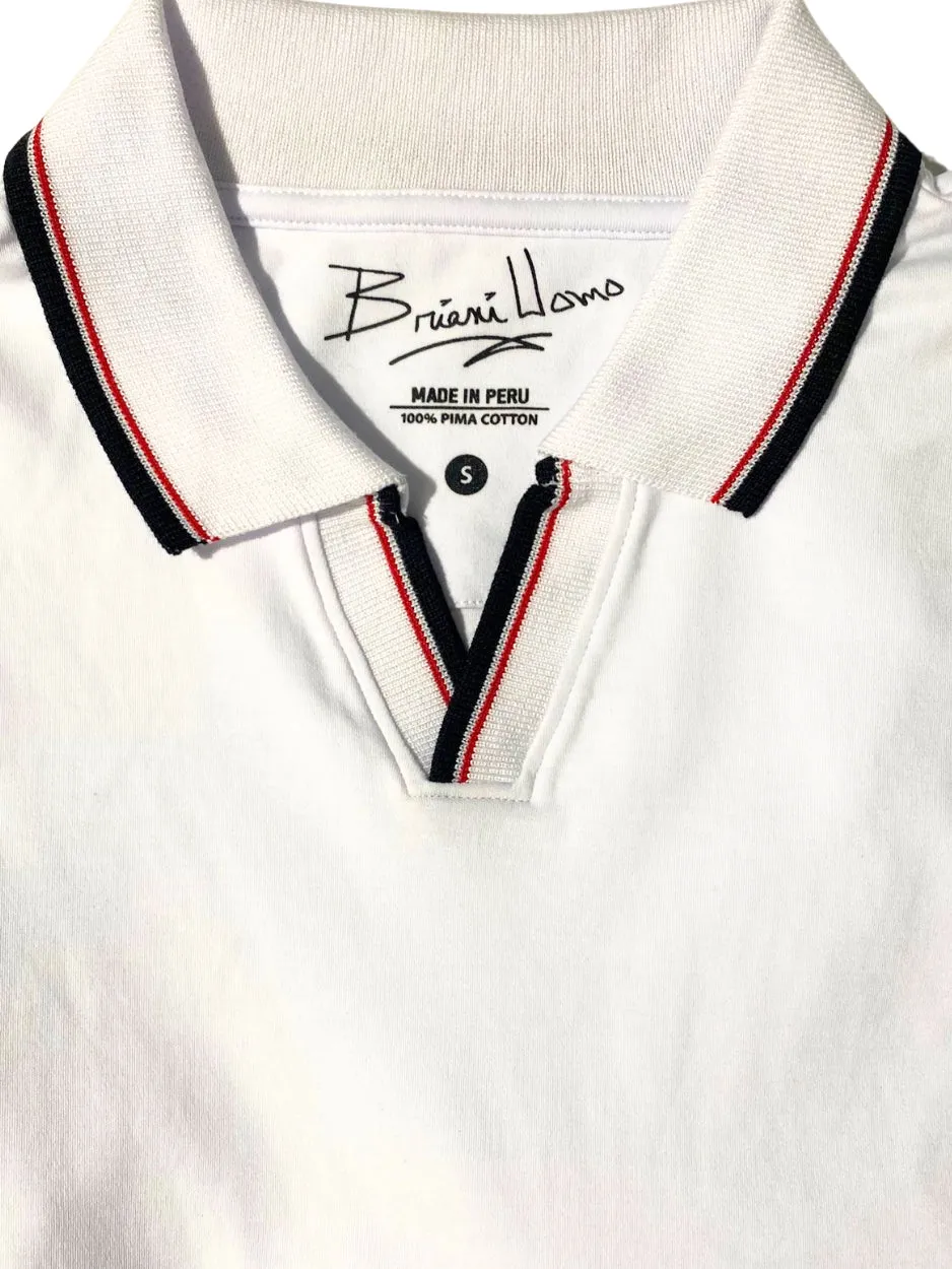 Briani Uomo Solid White V-Collar 100% Pima Cotton Short Sleeve Polo Casual Shirt Sporty Fashion