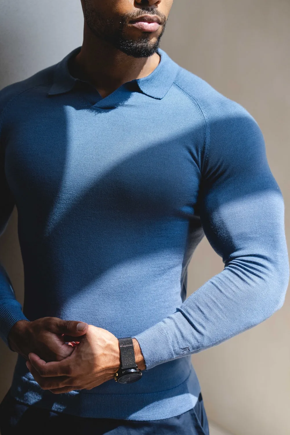 Soft Wear Flexible Style Extra Fine Merino Wool Open Collar Polo Shirt in Airforce Blue