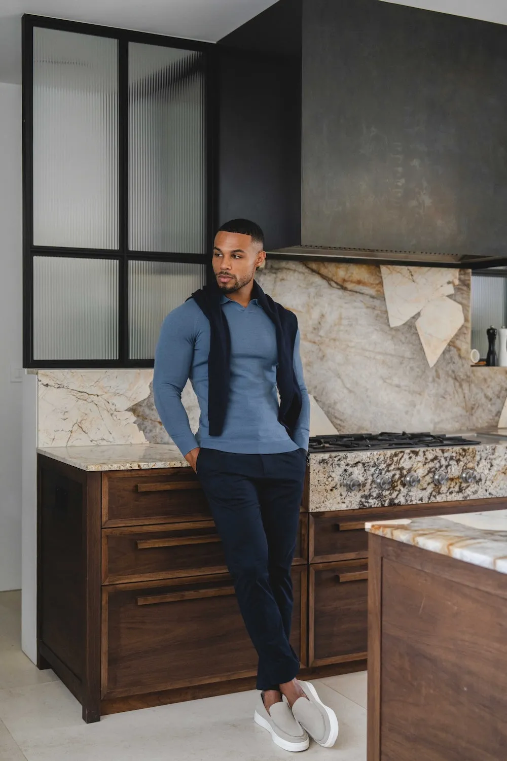 Eco Friendly Dye Easy Style Extra Fine Merino Wool Open Collar Polo Shirt in Airforce Blue