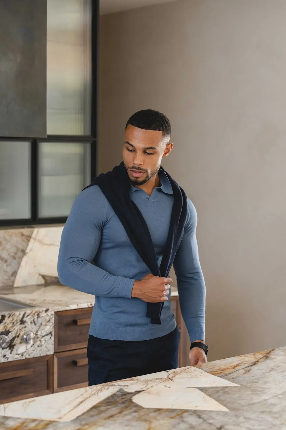 Chic Comfort Comfortable Design Extra Fine Merino Wool Open Collar Polo Shirt in Airforce Blue