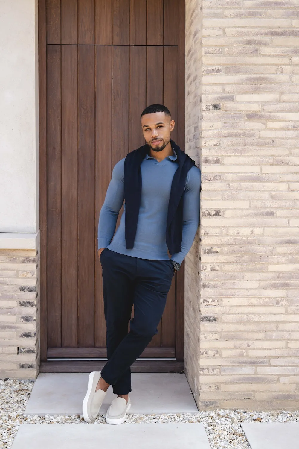 Extra Fine Merino Wool Open Collar Polo Shirt in Airforce Blue Sweat Absorbing