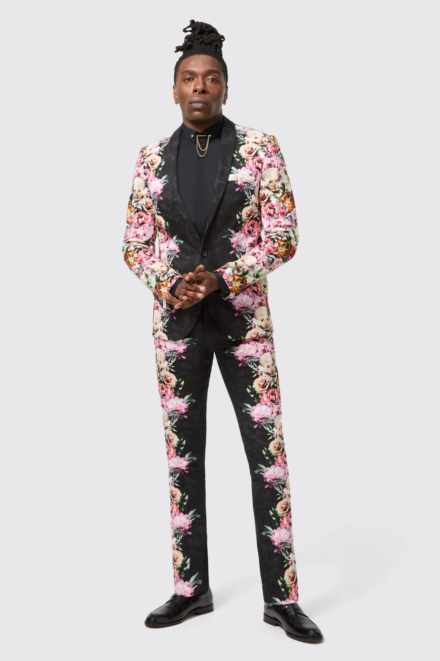 Strong Denim Placket Closure Ikeda Slim Fit Black Cotton Floral Trousers