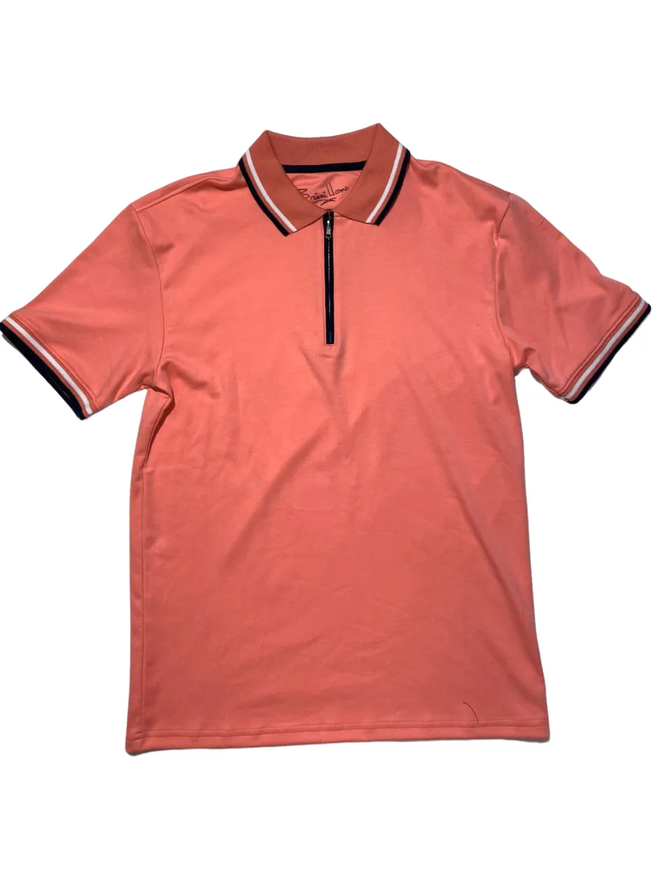 Briani Uomo Solid Coral 100% Pima Cotton Zip-Up Short Sleeve Polo Casual Shirt Soft Top Work Appropriate