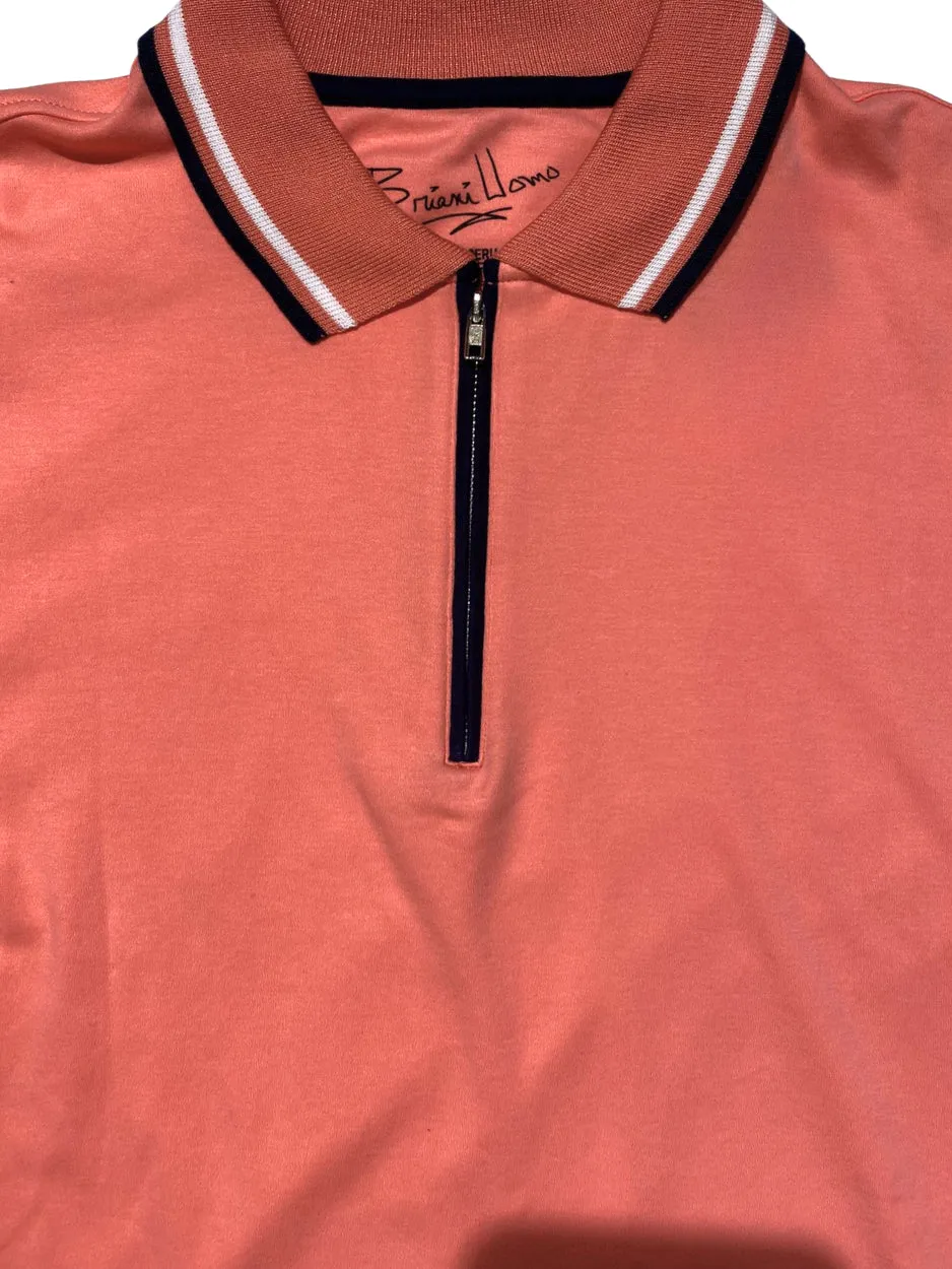 Ventilated Side Gussets Briani Uomo Solid Coral 100% Pima Cotton Zip-Up Short Sleeve Polo Casual Shirt