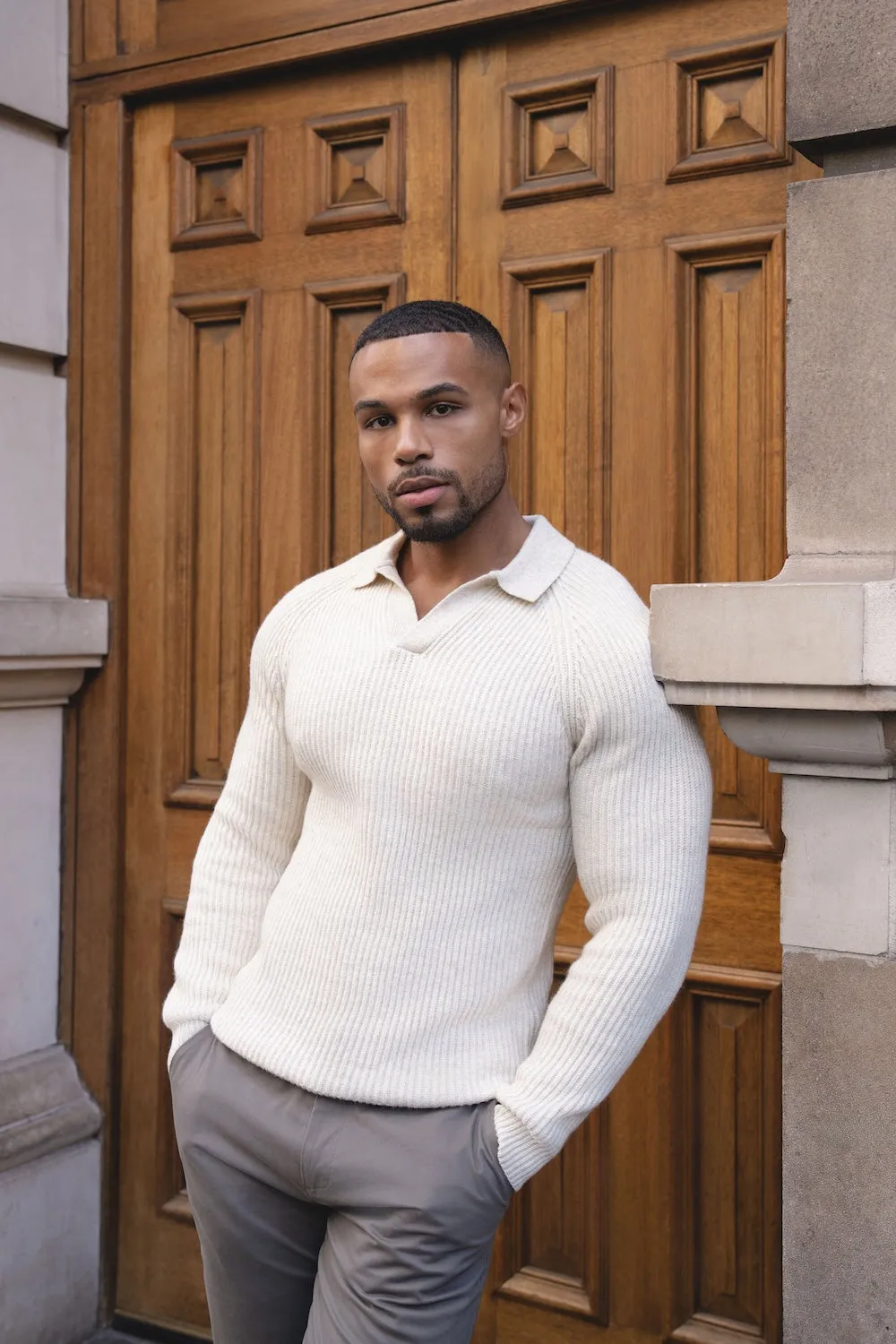 Casual Wearable Fisherman Rib Open Collar Polo Shirt in Winter White