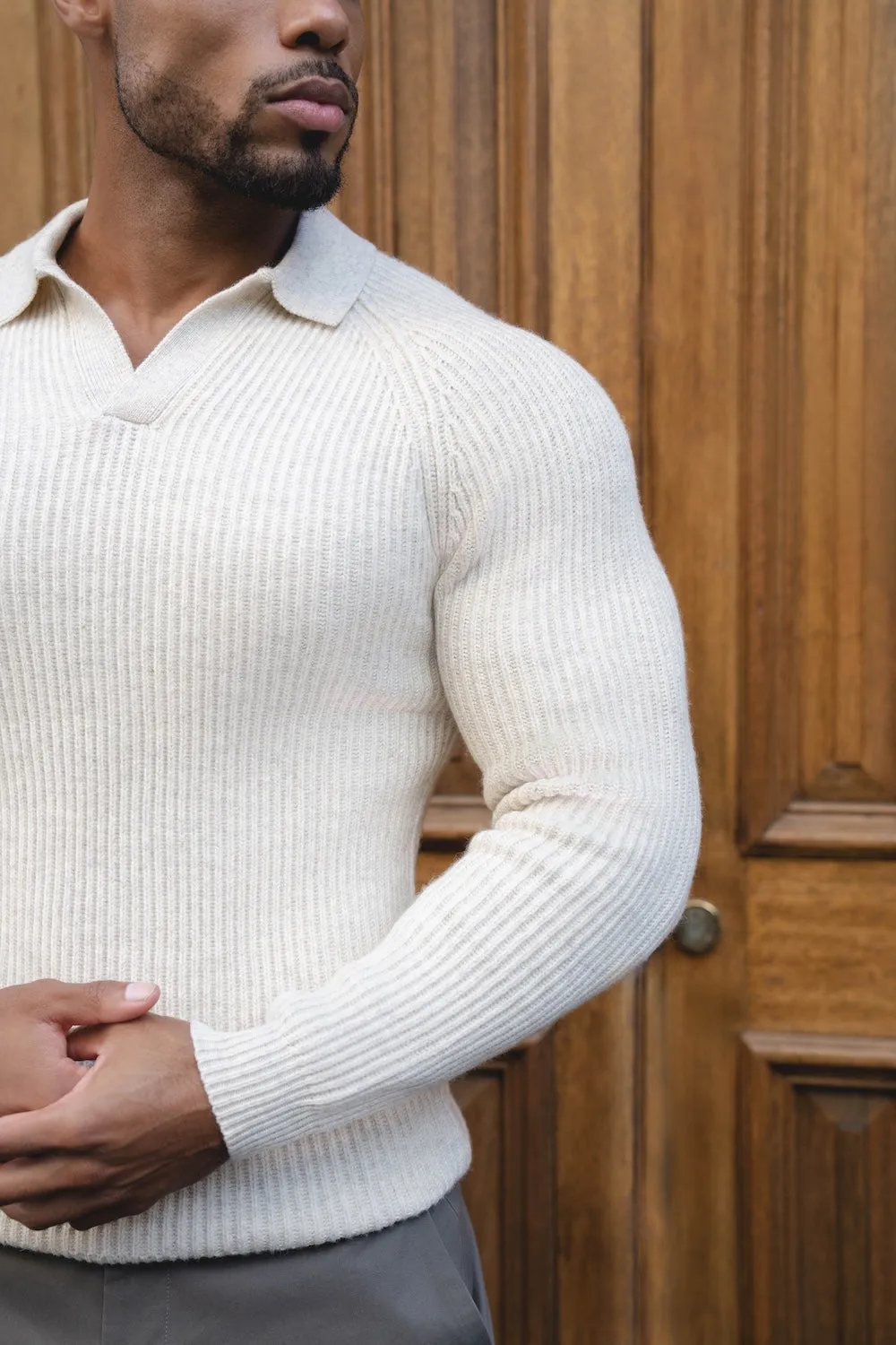 Fisherman Rib Open Collar Polo Shirt in Winter White Cool Design