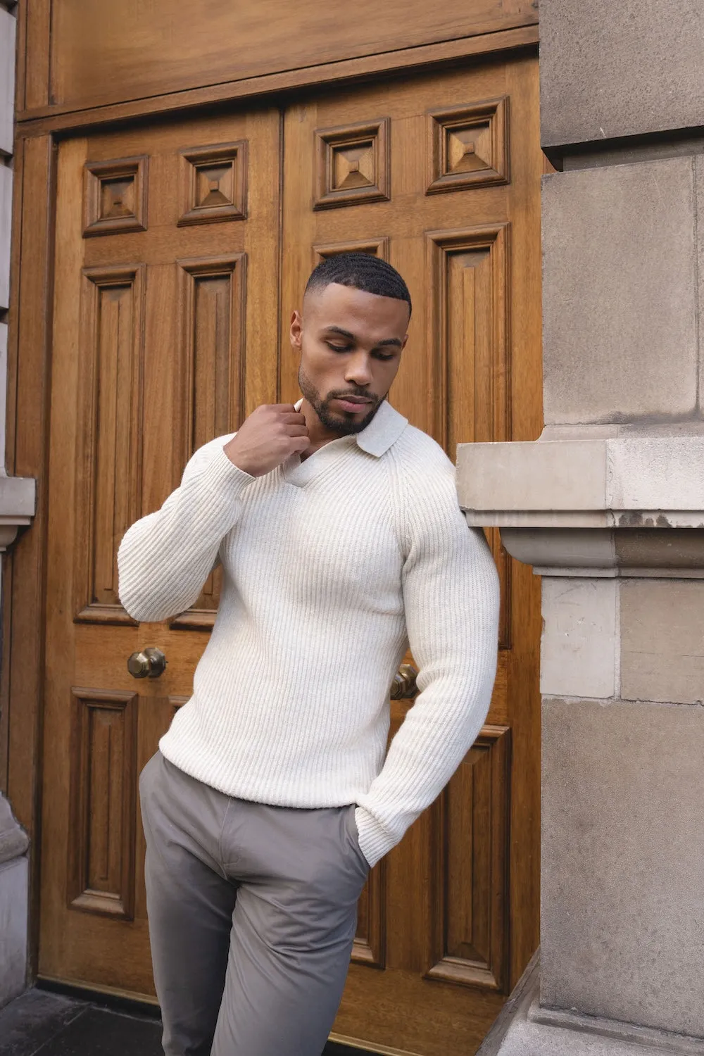 Relaxed Wear Athletic Wear Fisherman Rib Open Collar Polo Shirt in Winter White