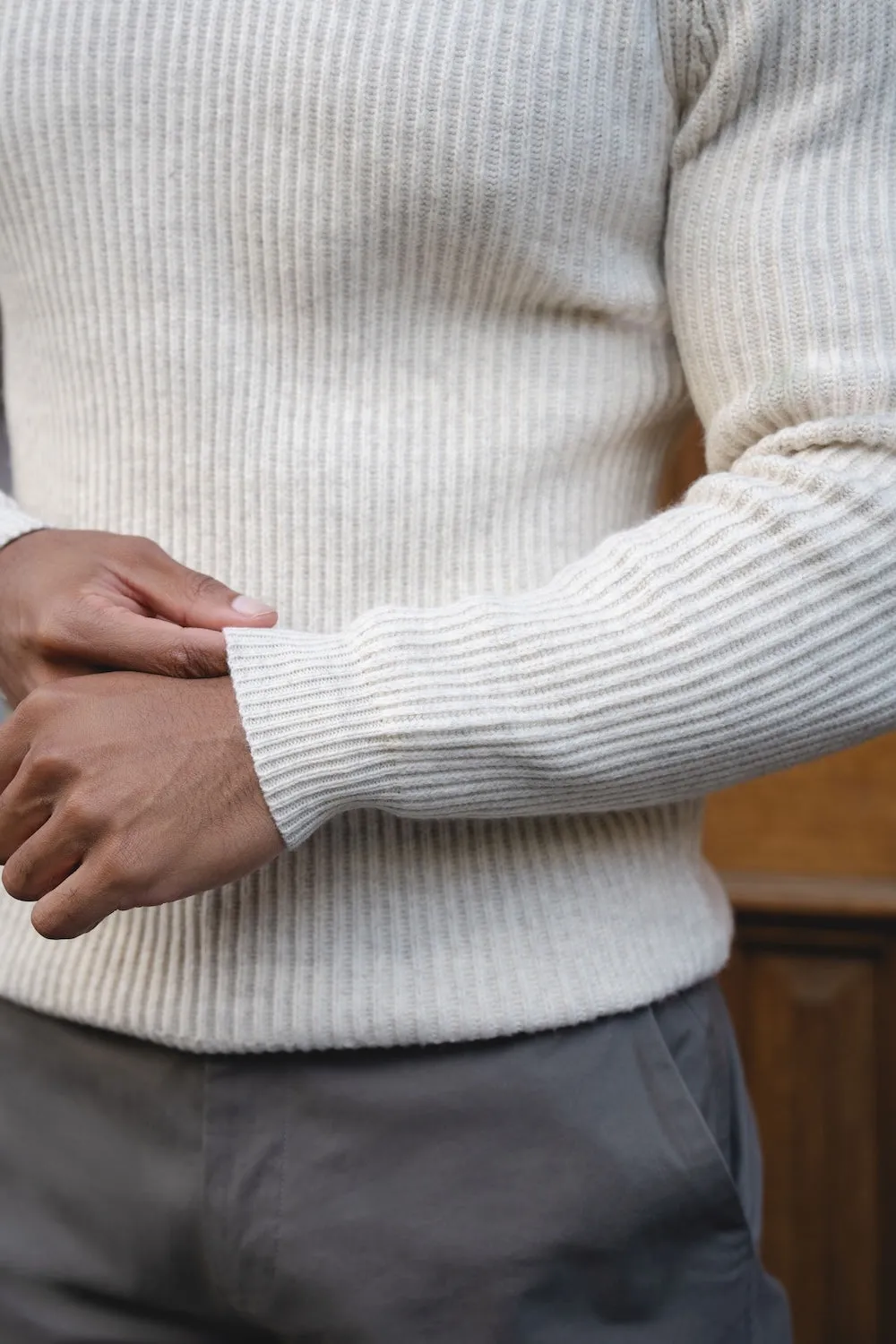 Fisherman Rib Open Collar Polo Shirt in Winter White Classic Vibe