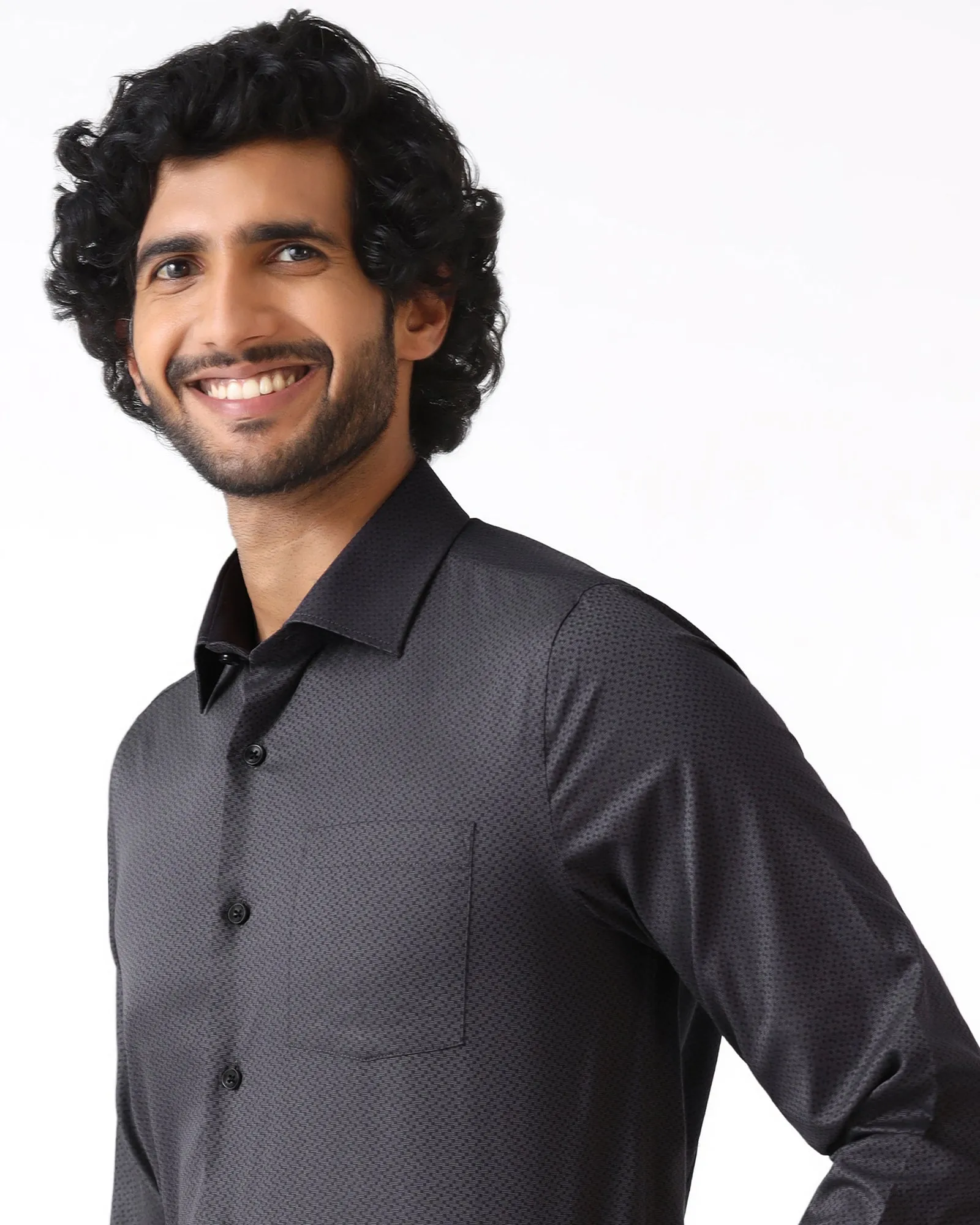 Multi Functional Pockets Tailored Cut Charcoal Textured Shirt - Regard