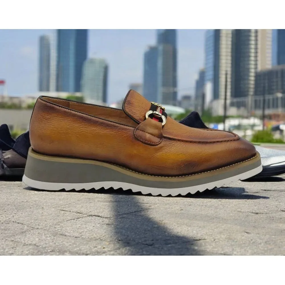 Soft Padding Calm Look Carrucci Cognac Red Black Ribbon Buckle Casual Loafer