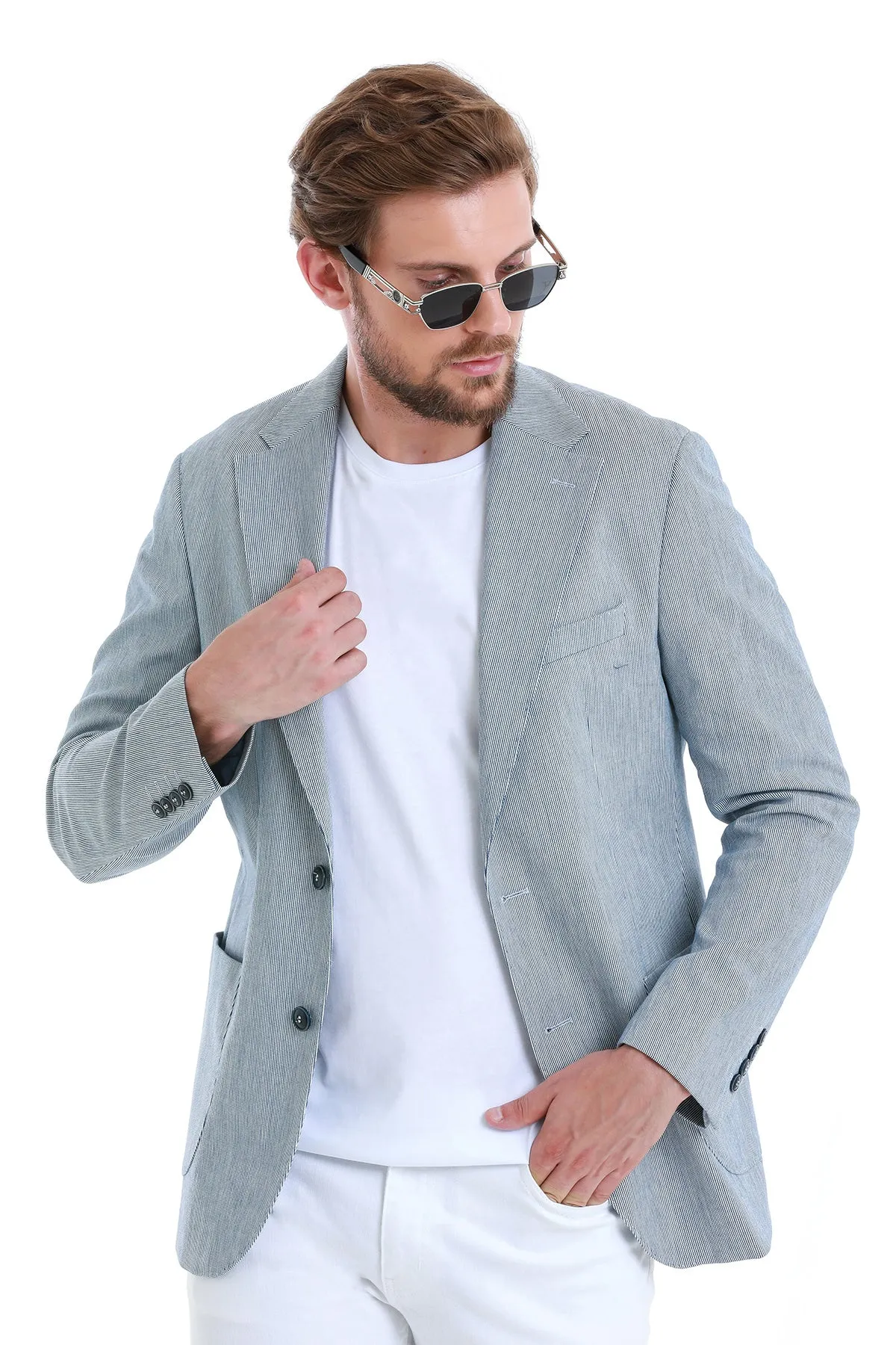 Lightweight Windbreaker Tech Chill Look Comfort Fit Notch Lapel  Striped  Cotton Blend Navy Classic Blazer