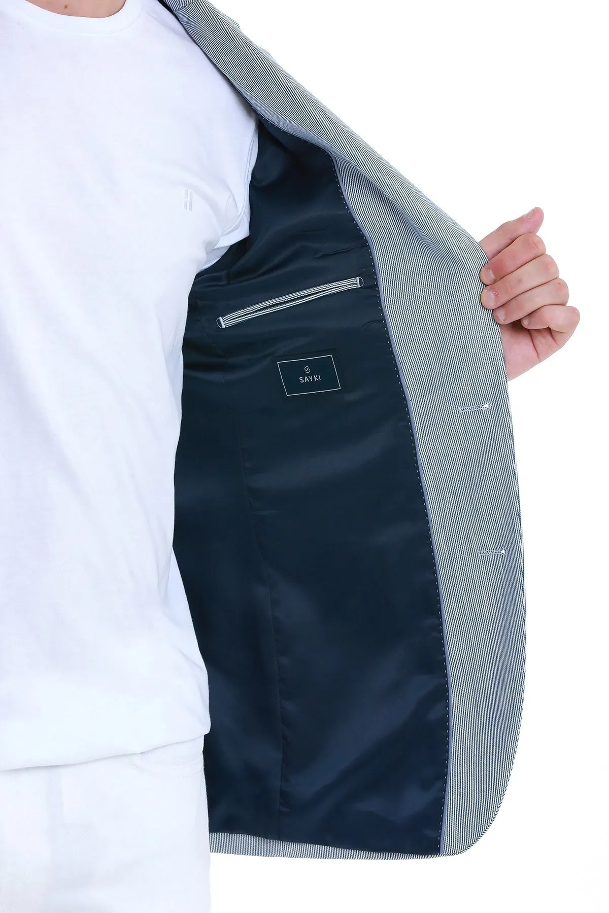 Elastic hem Comfort Fit Notch Lapel  Striped  Cotton Blend Navy Classic Blazer