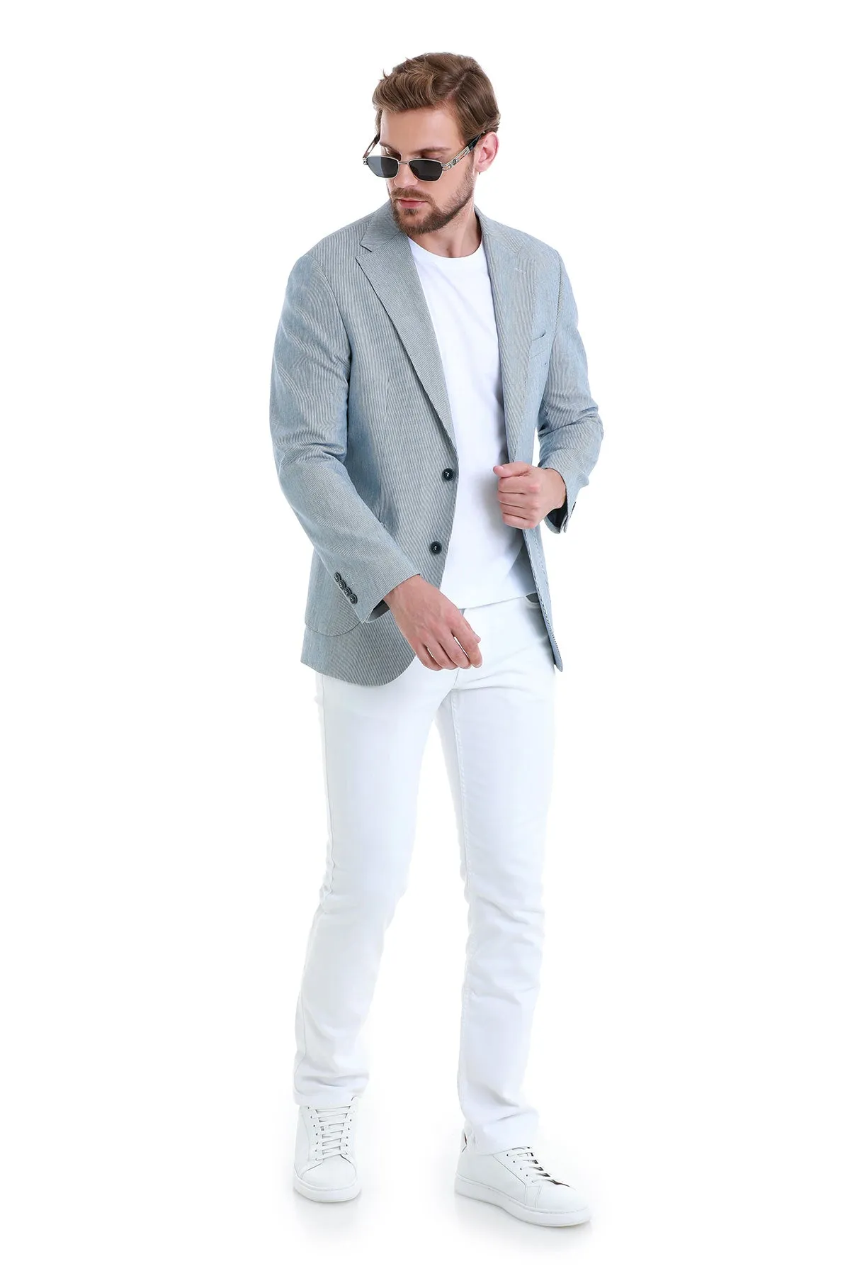 Comfort Fit Notch Lapel  Striped  Cotton Blend Navy Classic Blazer AntiStaticFinish