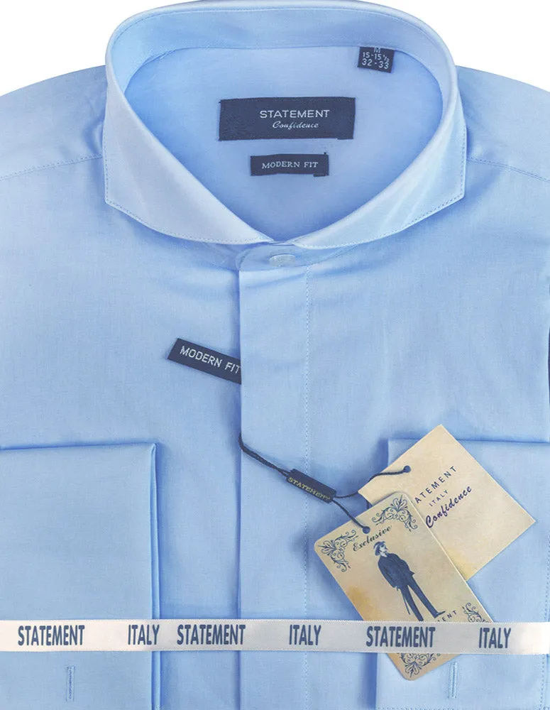 MODERN FIT BLUE DRESS SHIRT WITH SPREAD COLLAR & FRENCH CUFF All day wearability Contemporary Look