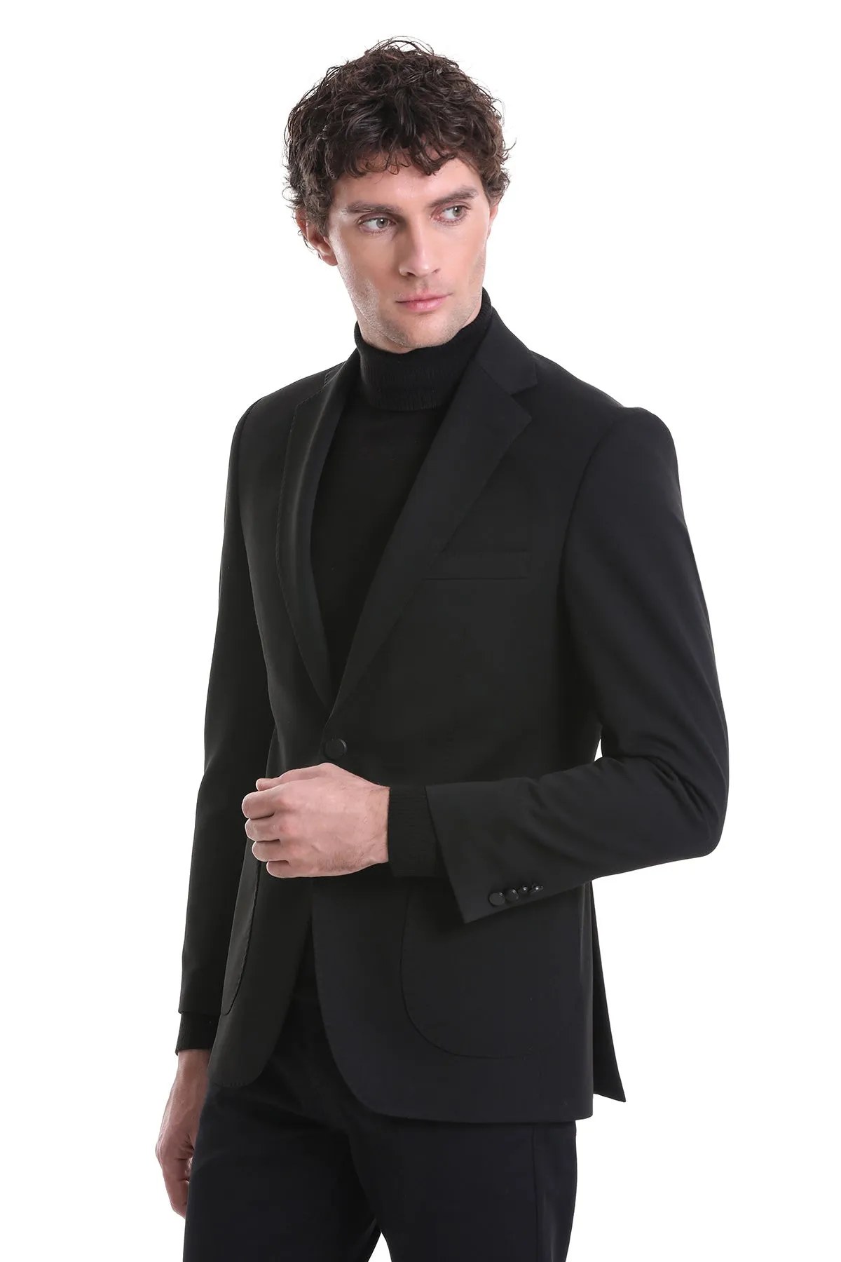 Stretch Comfort Fit Slim Fit Notch Lapel Black Classic Blazer