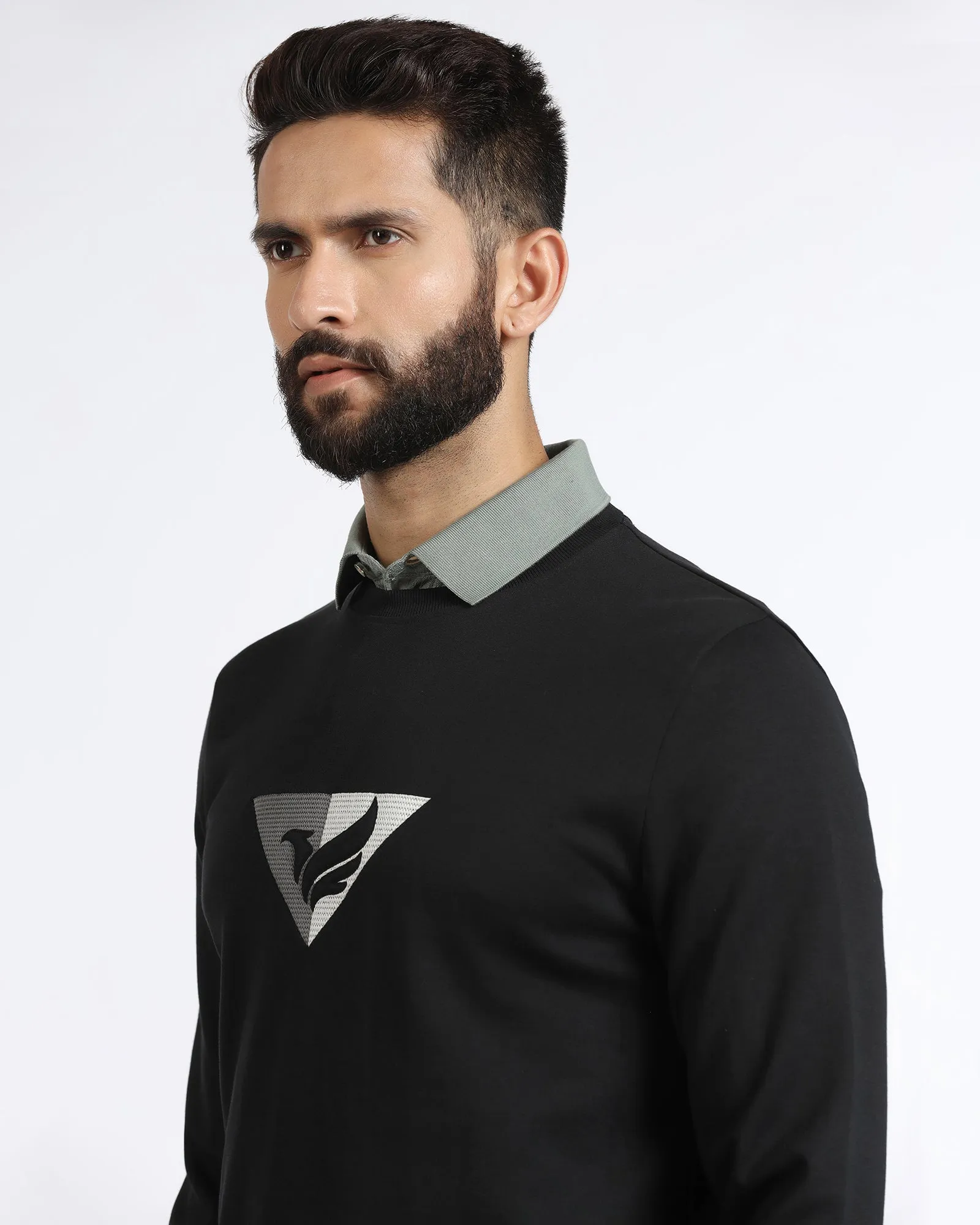 Black Crew Neck Solid Sweatshirt - Bling AntiSlip Grip Metro Edge