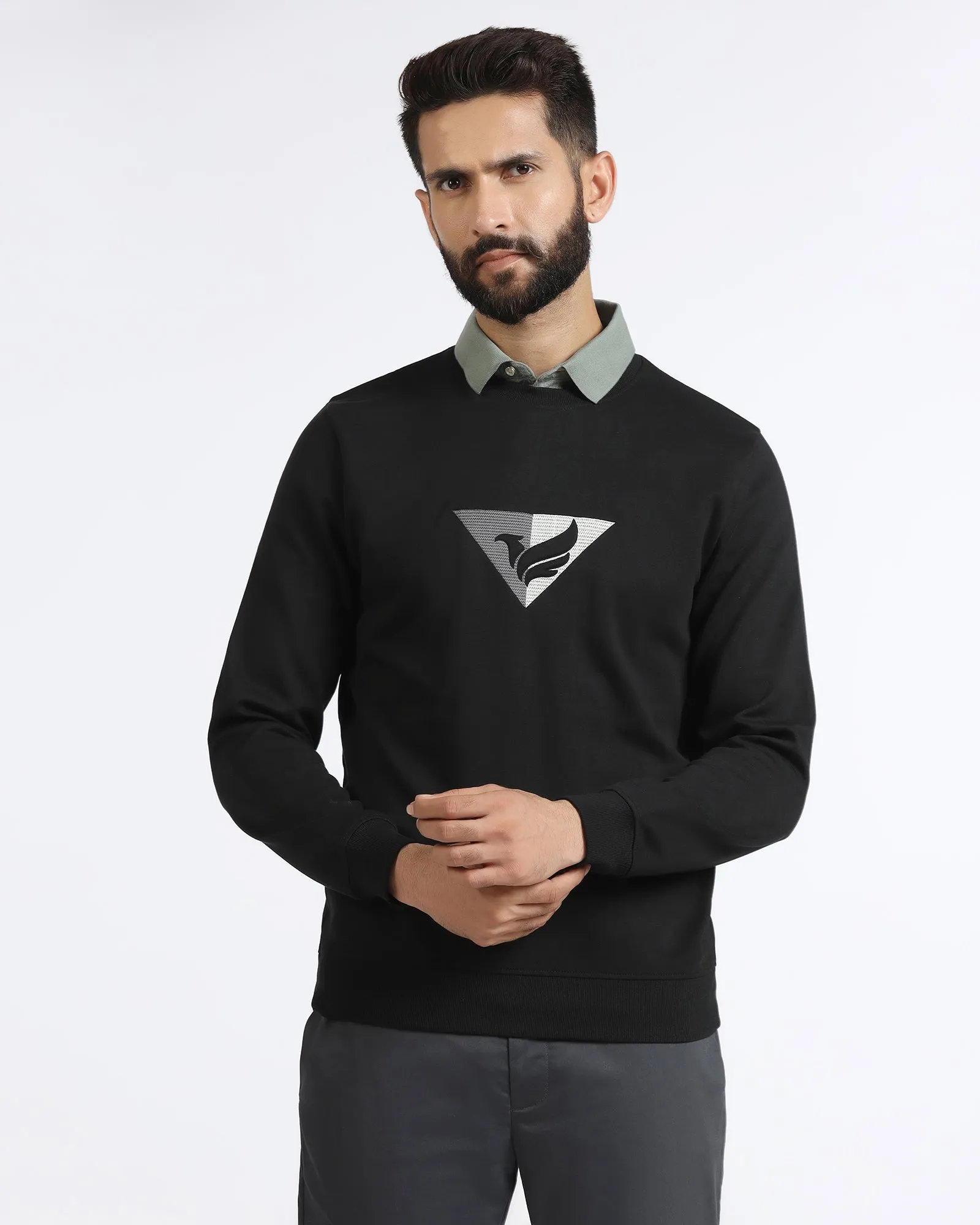 smooth zipper Black Crew Neck Solid Sweatshirt - Bling