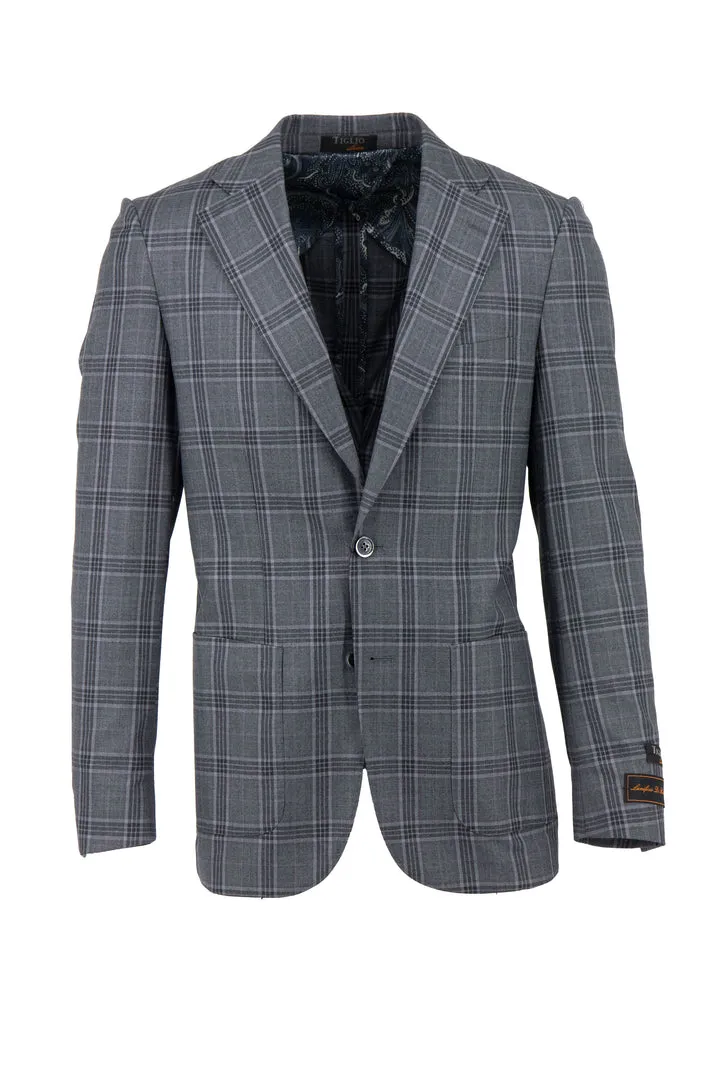 SoftshellTexture Tiglio Luxe Gray With Gray and Lavender Windowpane Veneto/THP Slim Fit half lined, Pure Wool Jacket TL3326