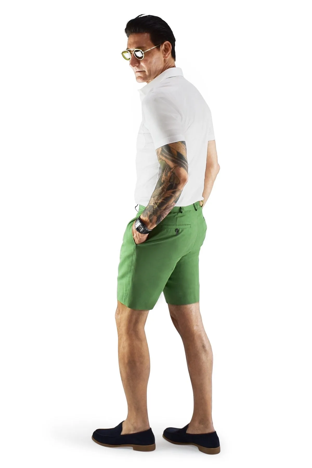 David August Green Linen Shorts - Cut-to-Order Snag Free Zipper Flexible stretch