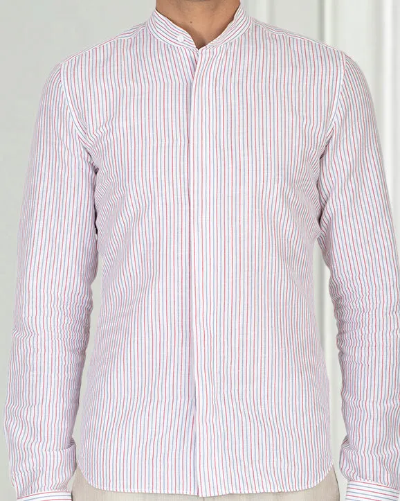 Cotton Linen: Red Blue Alternate stripes On White Shirt ZeroIrritationLabels Professional Style