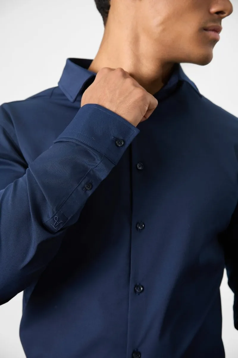 Athletic Fit Dress Shirt in Navy Blue Smooth Stitch Pattern Petite Cut