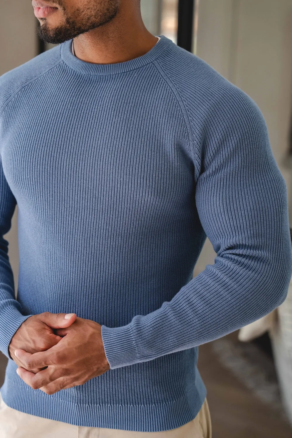 Pure Cotton Knitted Textured Crew Neck Sweater in Airforce Blue LowMaintenanceMaterial