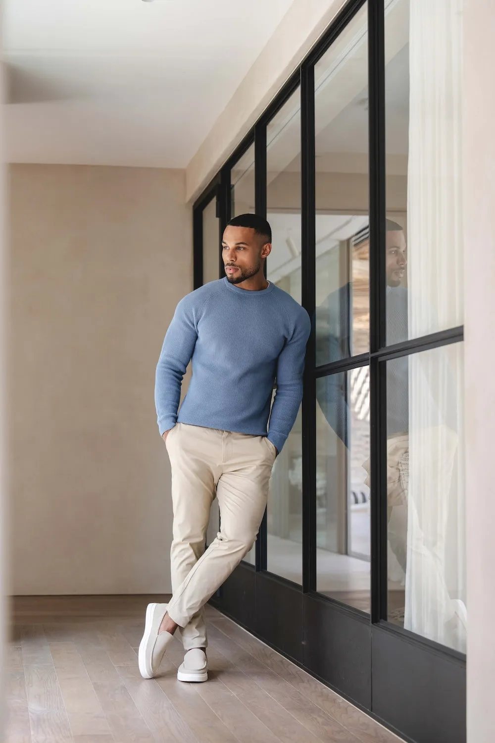 Art Mood Pure Cotton Knitted Textured Crew Neck Sweater in Airforce Blue