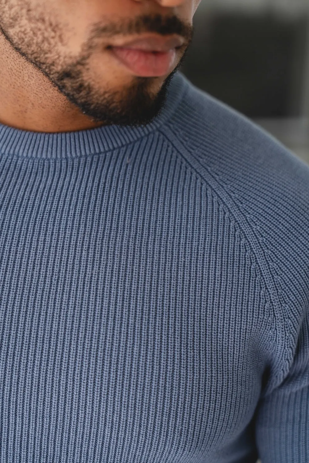 Breezy Design ZeroWaste Production Pure Cotton Knitted Textured Crew Neck Sweater in Airforce Blue