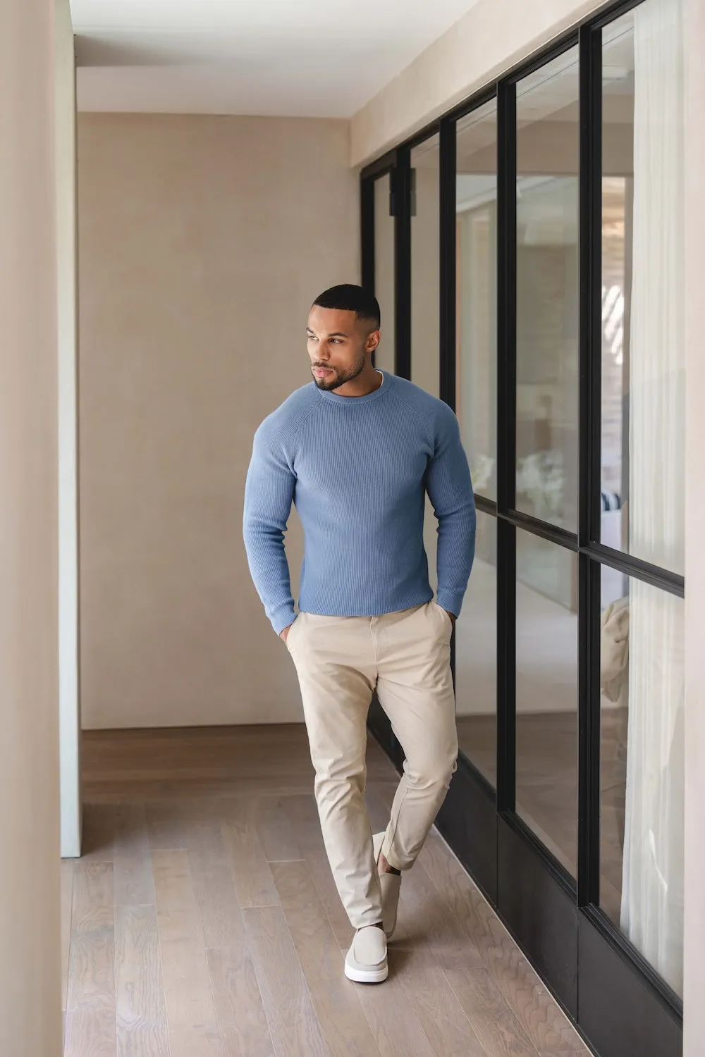 Pure Cotton Knitted Textured Crew Neck Sweater in Airforce Blue Urban Cool