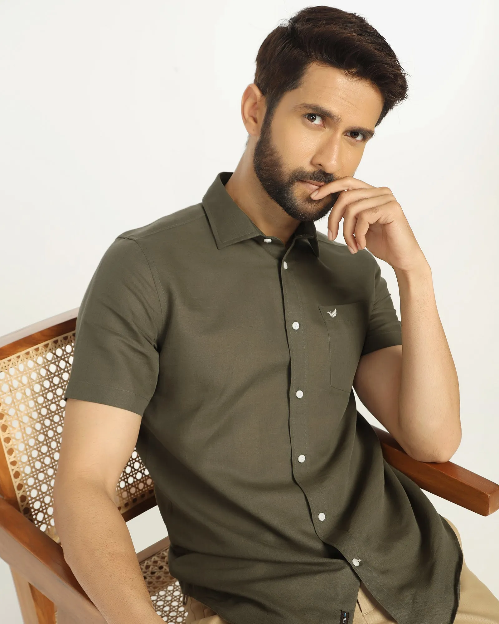 Linen Casual Half Sleeve Olive Solid Shirt - Salmon Gift Idea