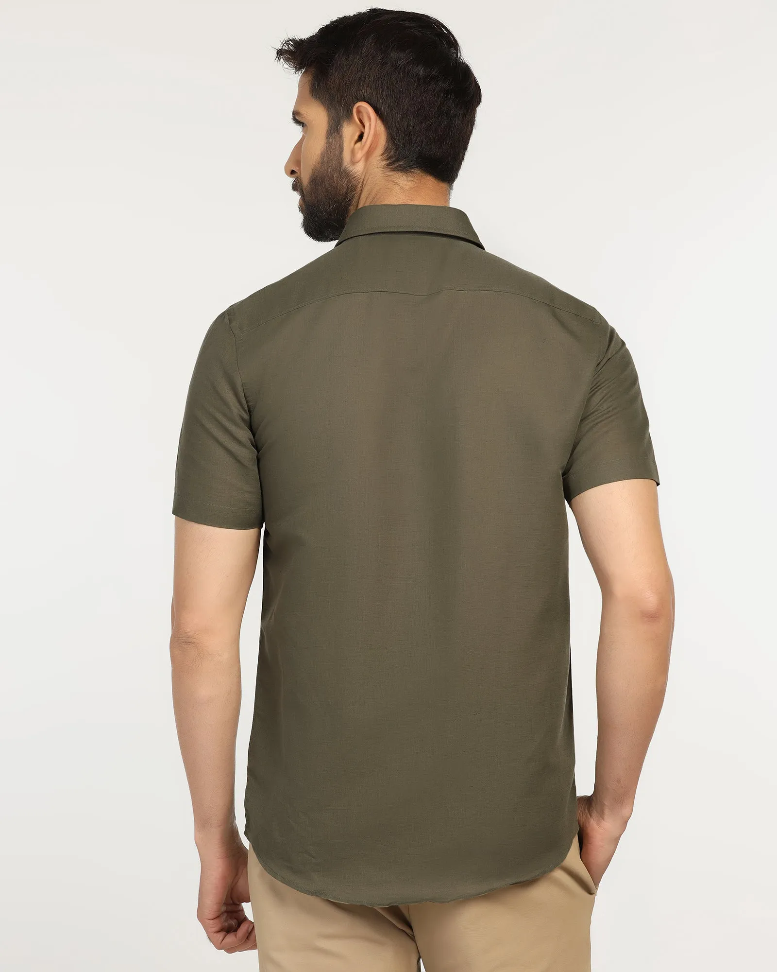 Linen Casual Half Sleeve Olive Solid Shirt - Salmon Bold Hue Neutral Shade