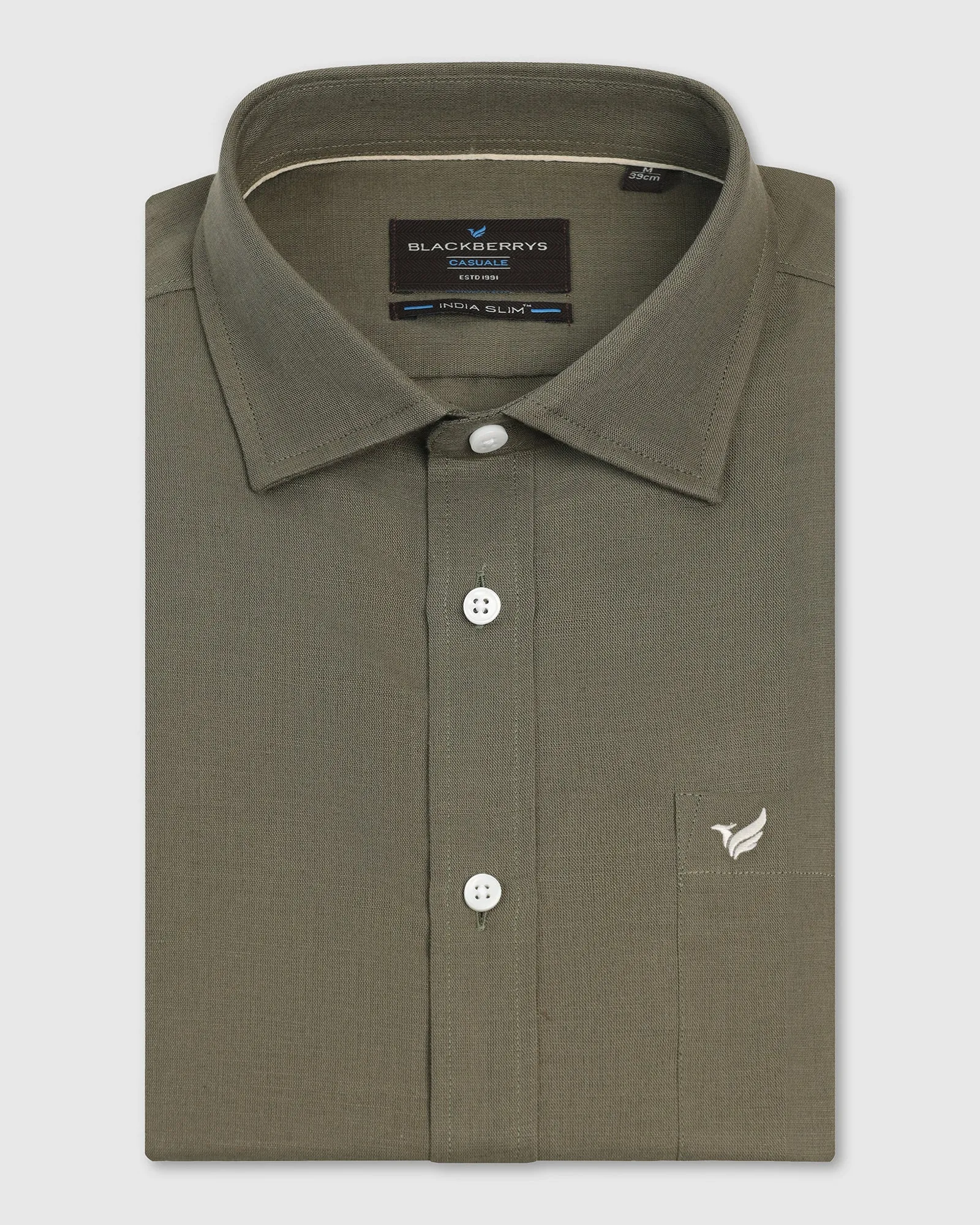 Linen Casual Half Sleeve Olive Solid Shirt - Salmon Creative Professional Reinforced Collar