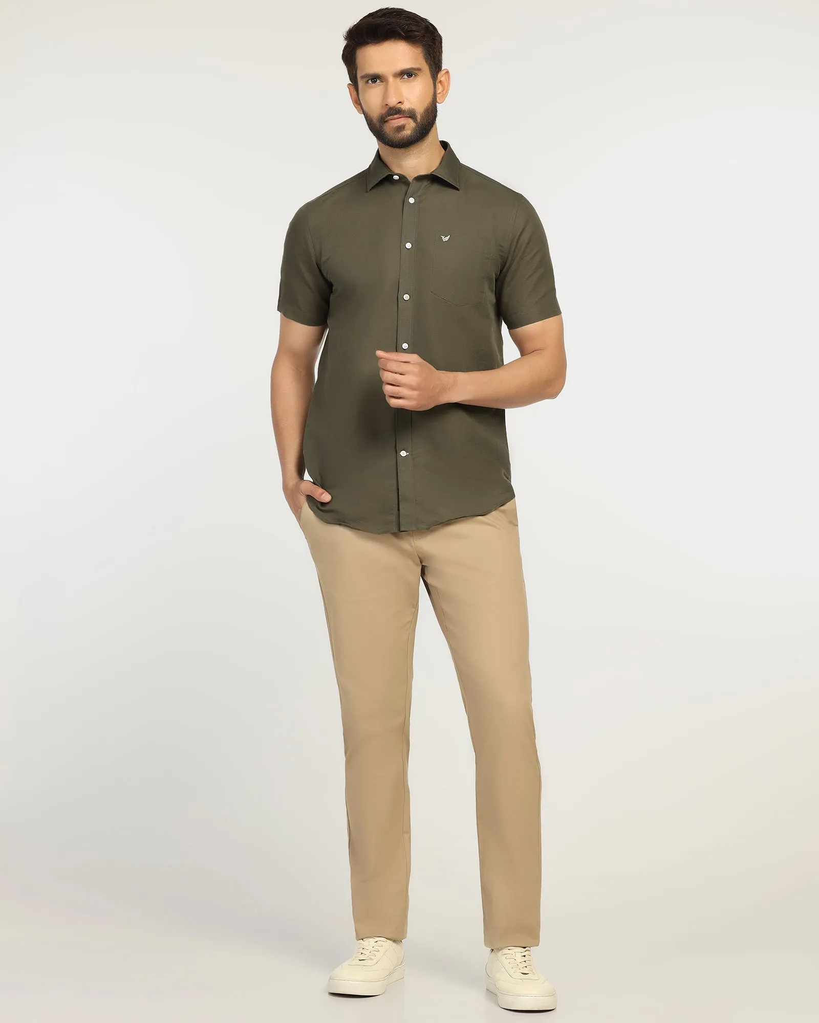 Linen Casual Half Sleeve Olive Solid Shirt - Salmon Double Stitched Seams