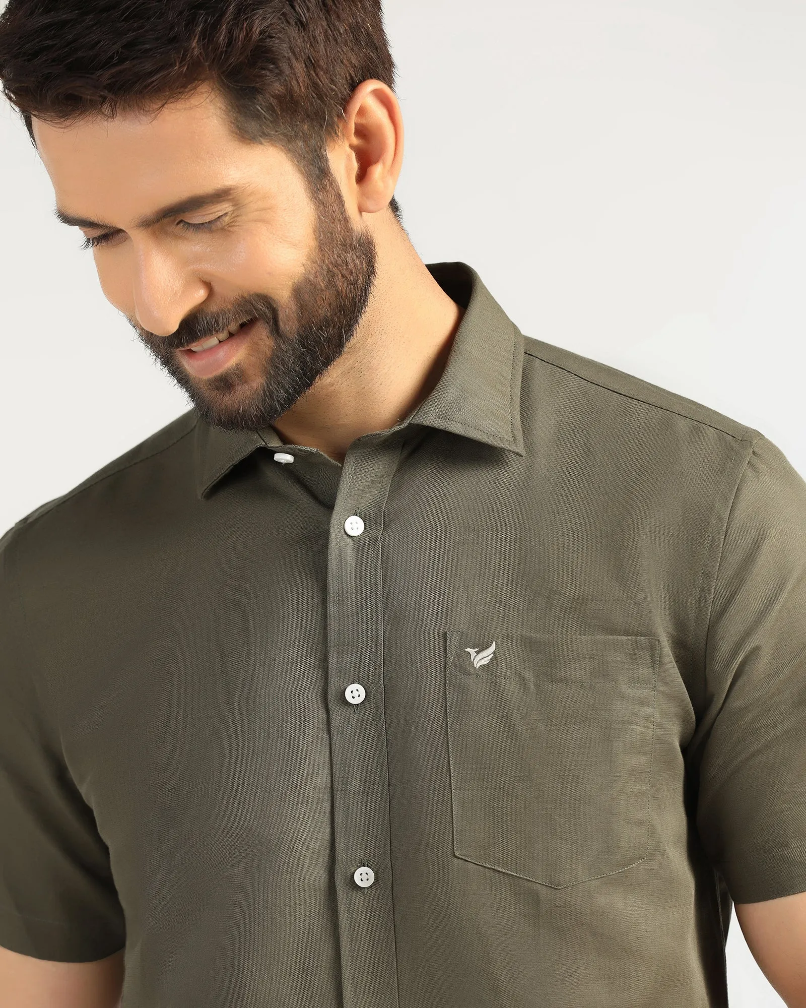 Smooth Texture All-Weather Ready Linen Casual Half Sleeve Olive Solid Shirt - Salmon