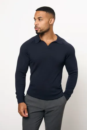 Pure Cotton Knitted Open Collar Polo Shirt in Navy Modern Style