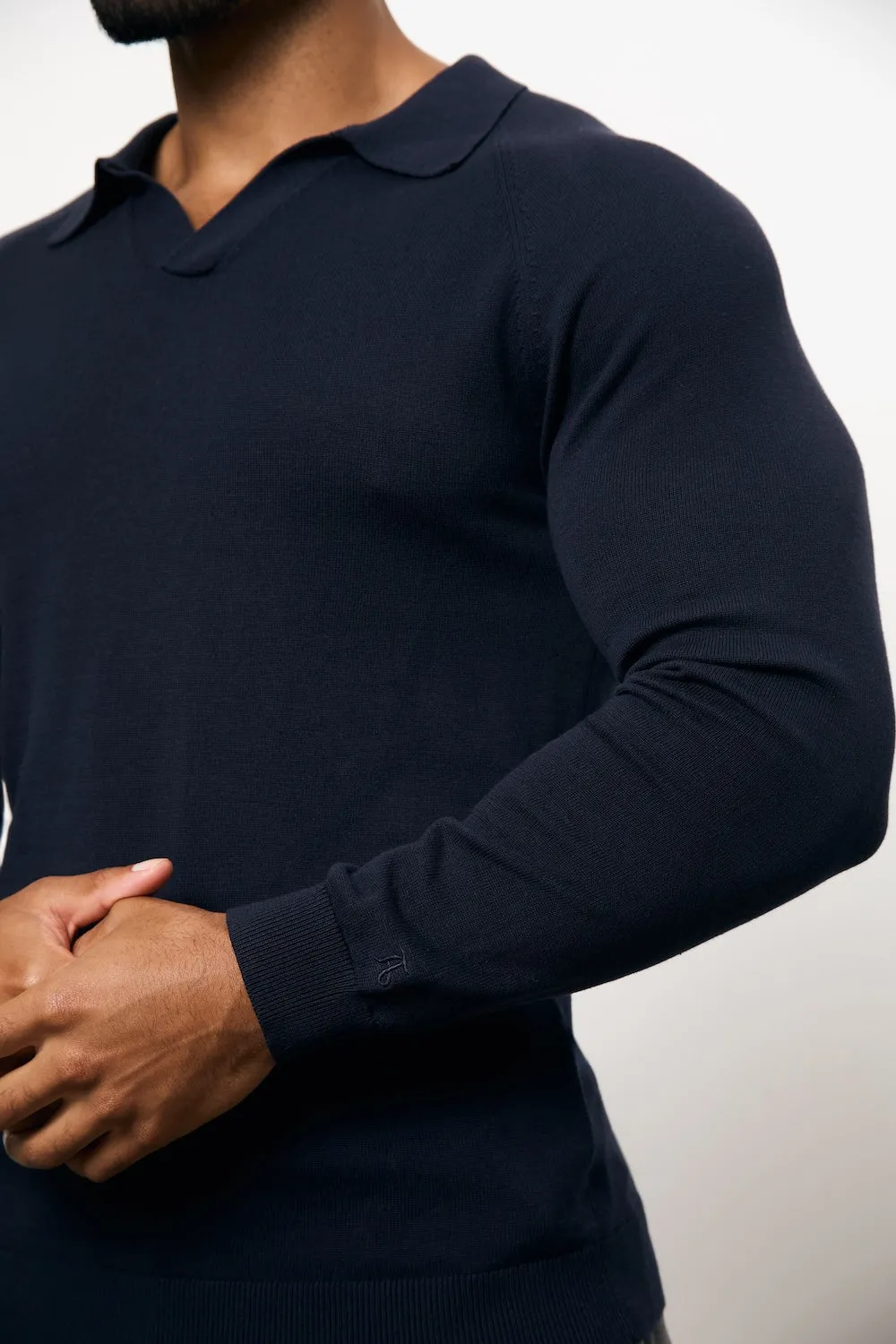 Performance Polo Pure Cotton Knitted Open Collar Polo Shirt in Navy