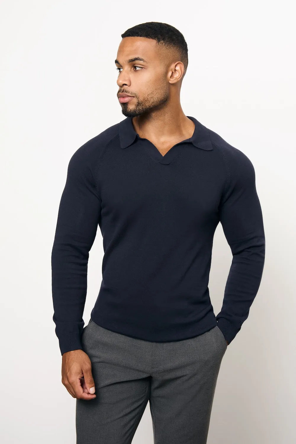 Pure Cotton Knitted Open Collar Polo Shirt in Navy Modern Style