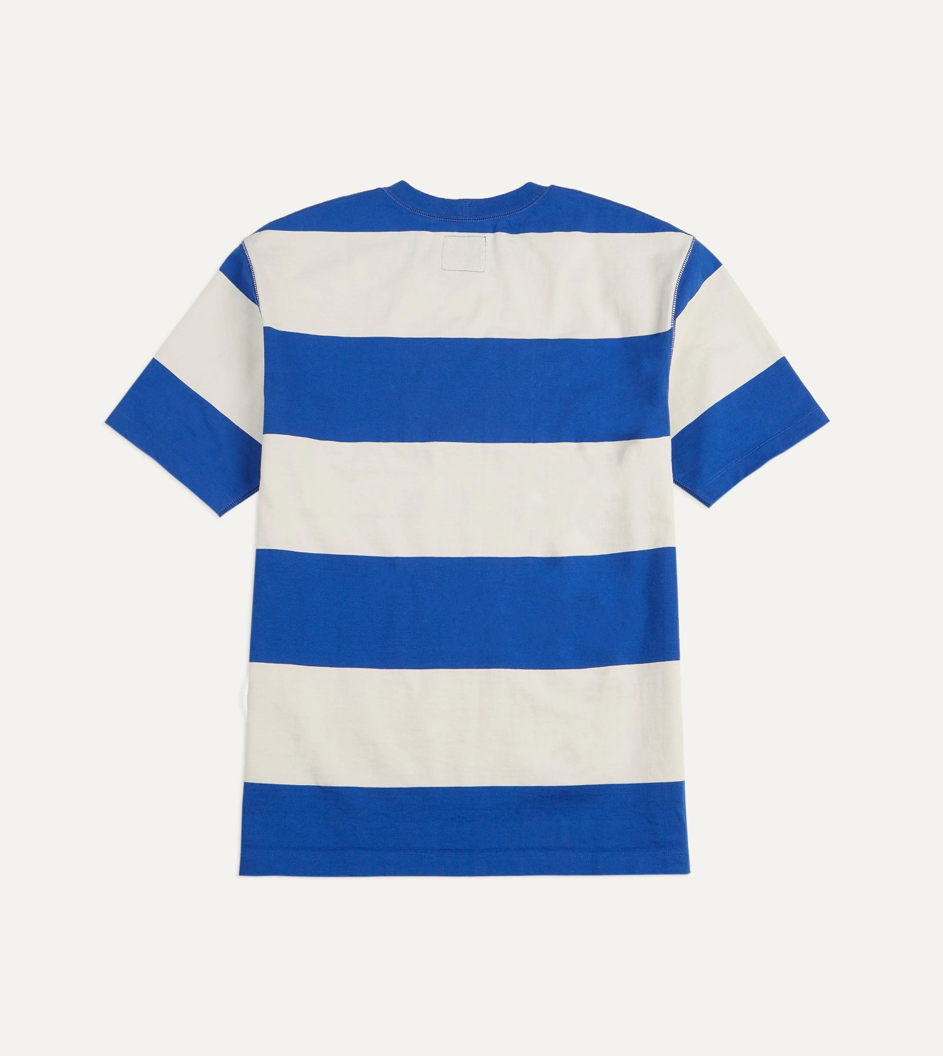 Blue and White Wide Stripe Heavy Cotton Crew Neck Hiking T-Shirt Relaxed and Comfy Stretchable Knit